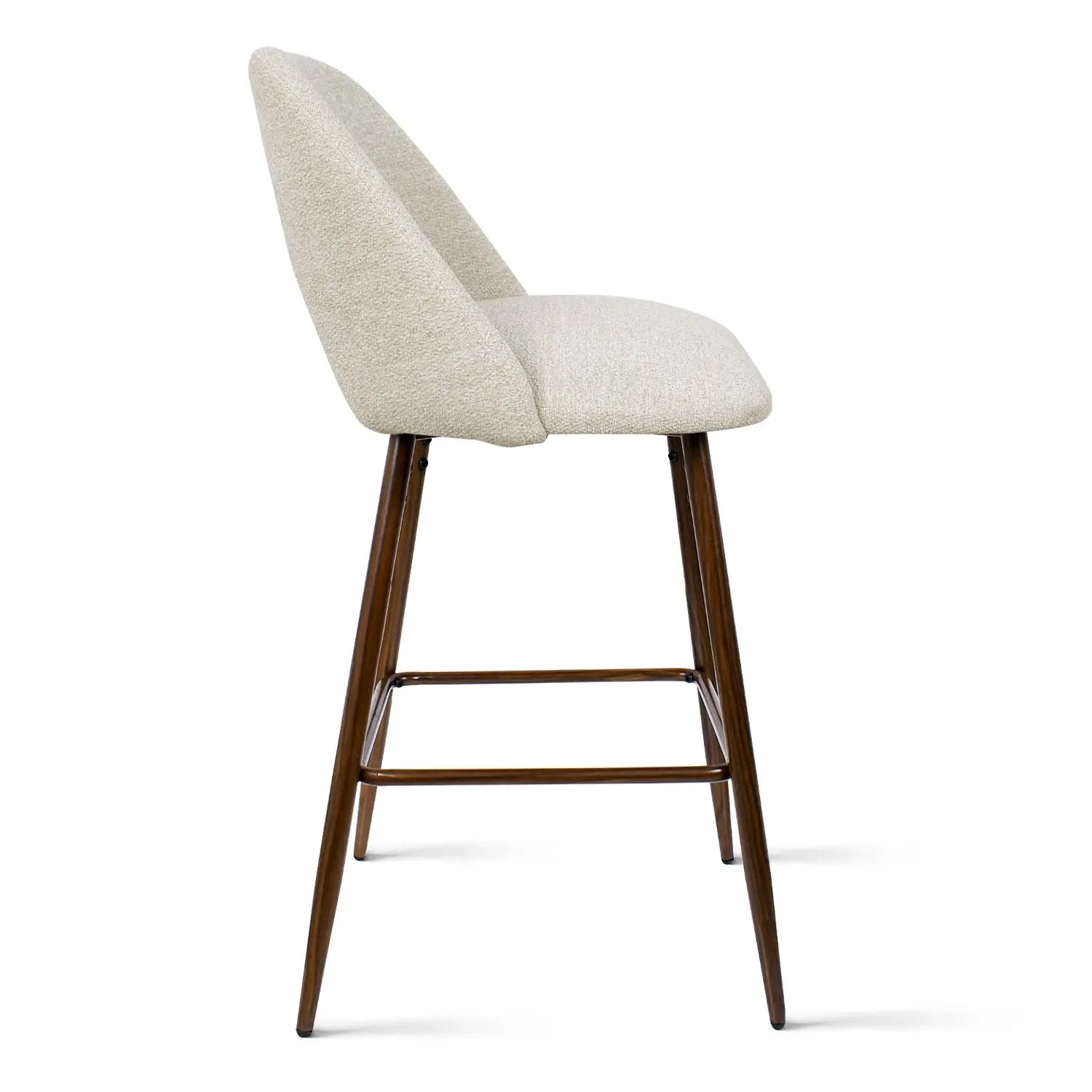 Edwin Modern Upholstered Counter Stool side view, beige fabric, wooden legs, no background details.