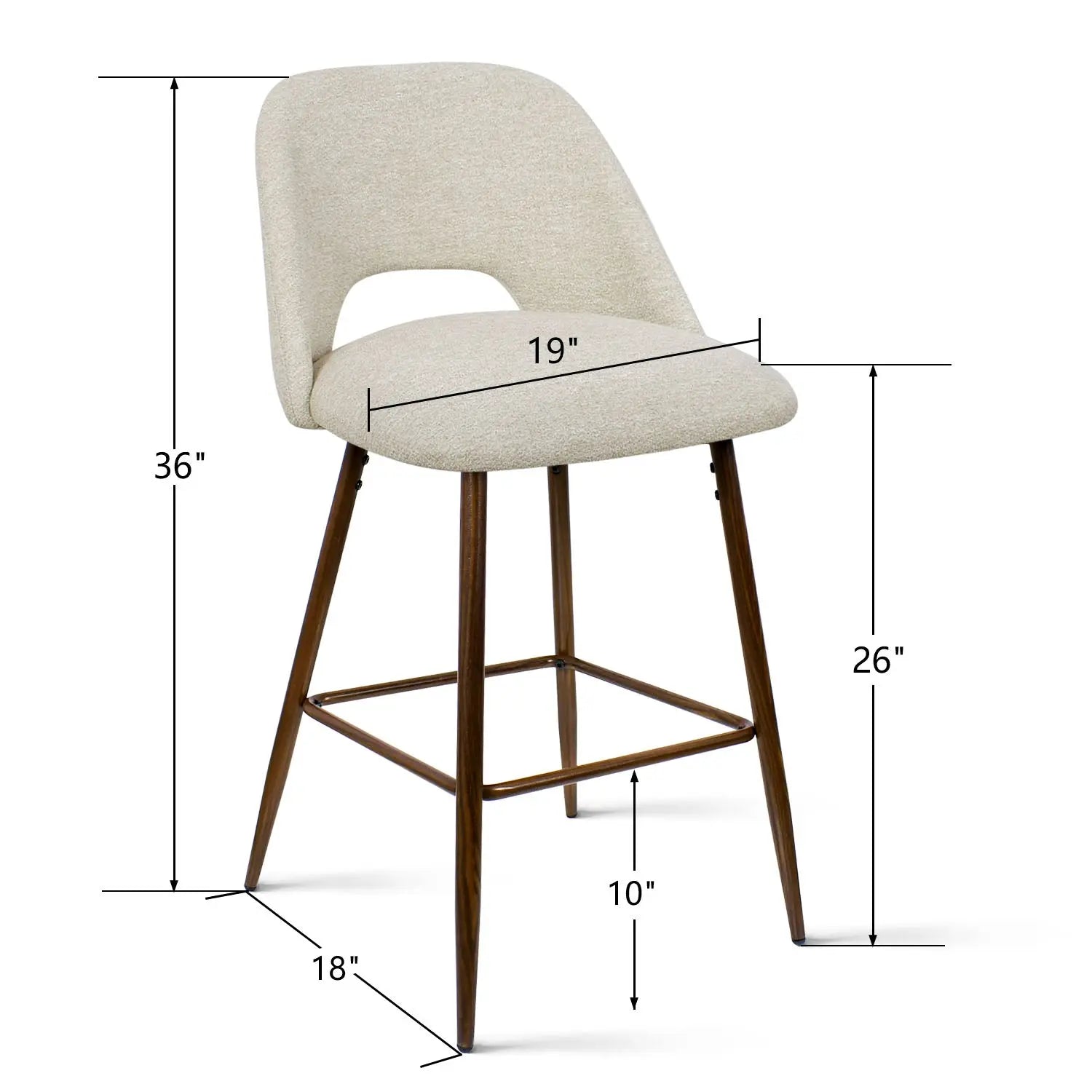 Edwin Modern Upholstered Counter Stool dimensions, beige upholstery, wooden legs, ideal for kitchen use.