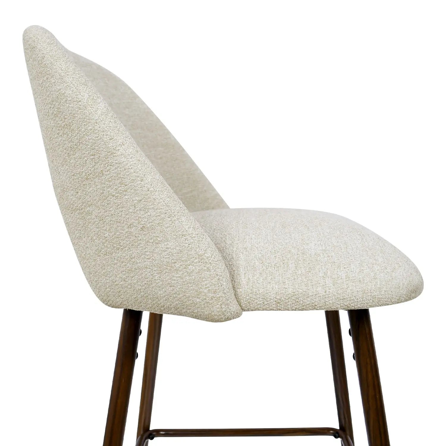 Edwin Modern Upholstered Counter Stool with beige fabric and wooden legs, side view.