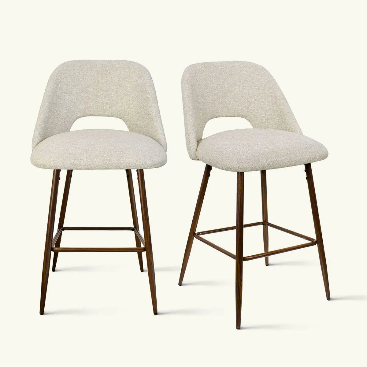 Edwin upholstered counter stool set, modern design, light beige fabric, walnut legs, stylish seating.