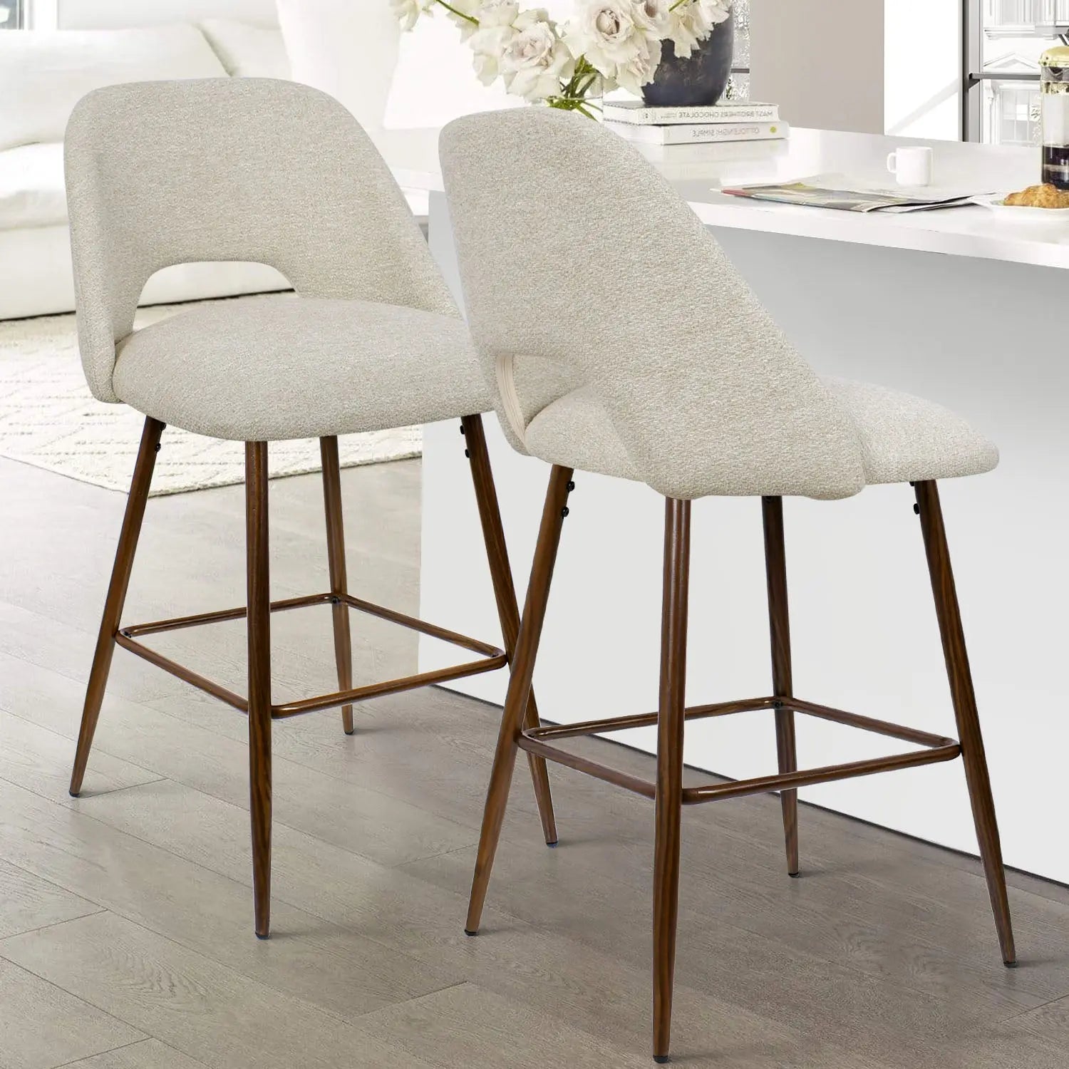 Edwin Modern Upholstered Counter Stool in kitchen, hardwood flooring, minimalistic decor, neutral tones.