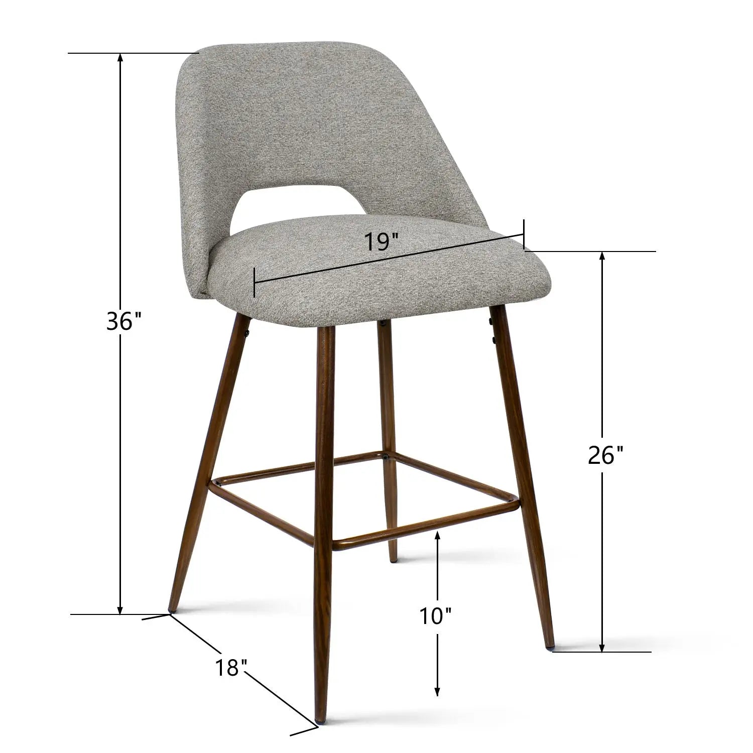 Edwin Modern Upholstered Counter Stool with dimensions, featuring grey fabric and wooden legs.