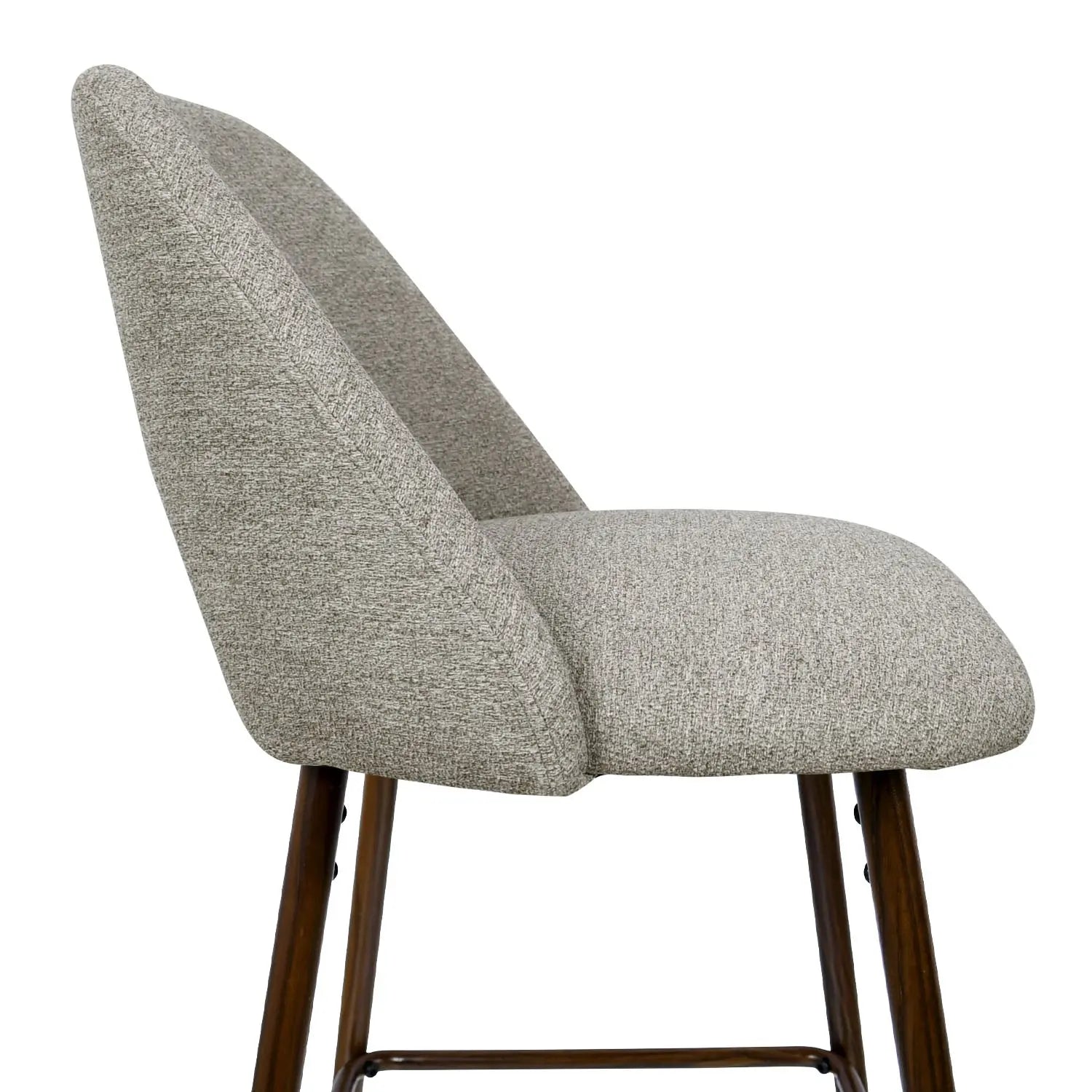 Edwin upholstery stool with wood legs, grey fabric in a modern design, side view angle shown.