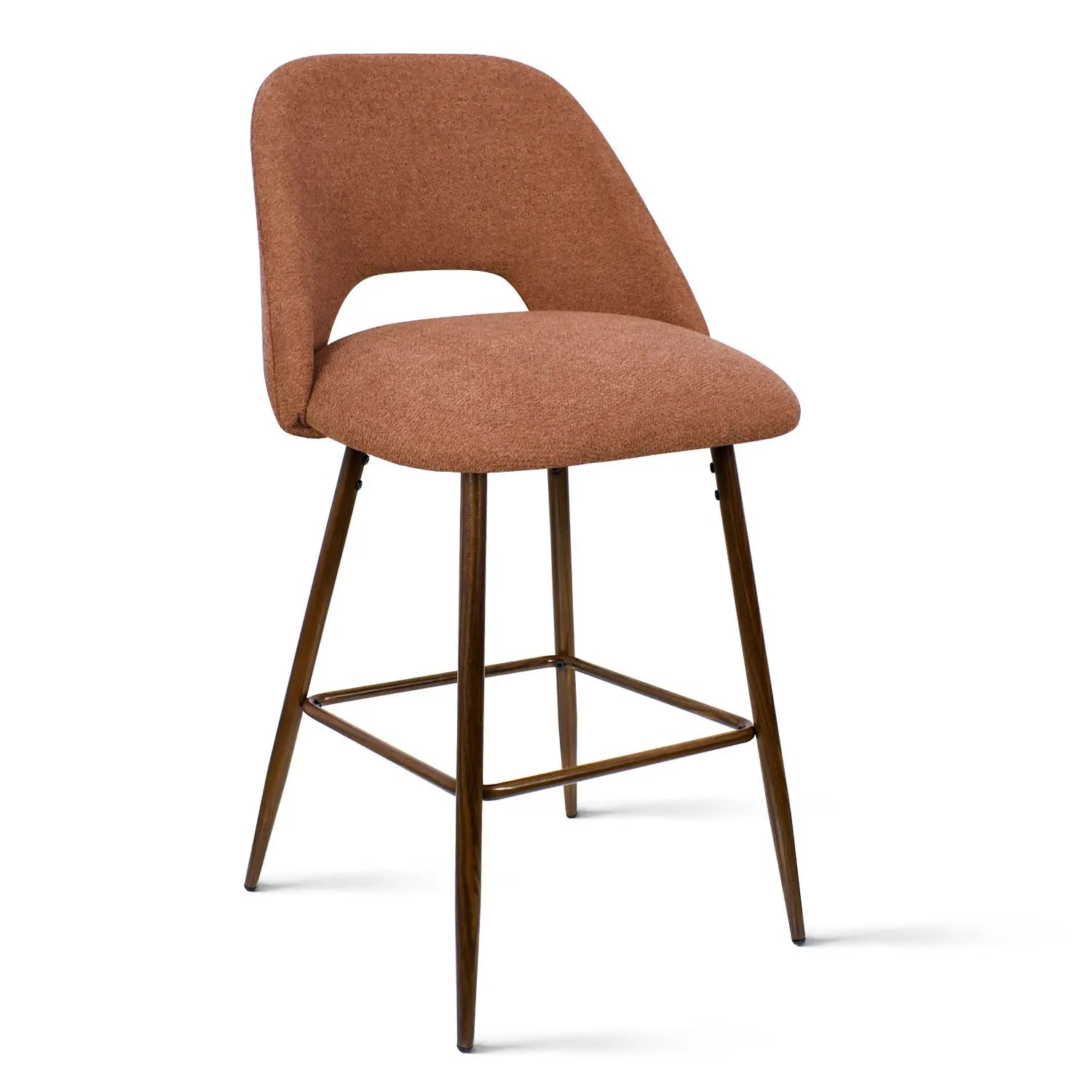 Edwin Modern Upholstered Counter Stool with brown fabric and wooden legs, minimalistic design.