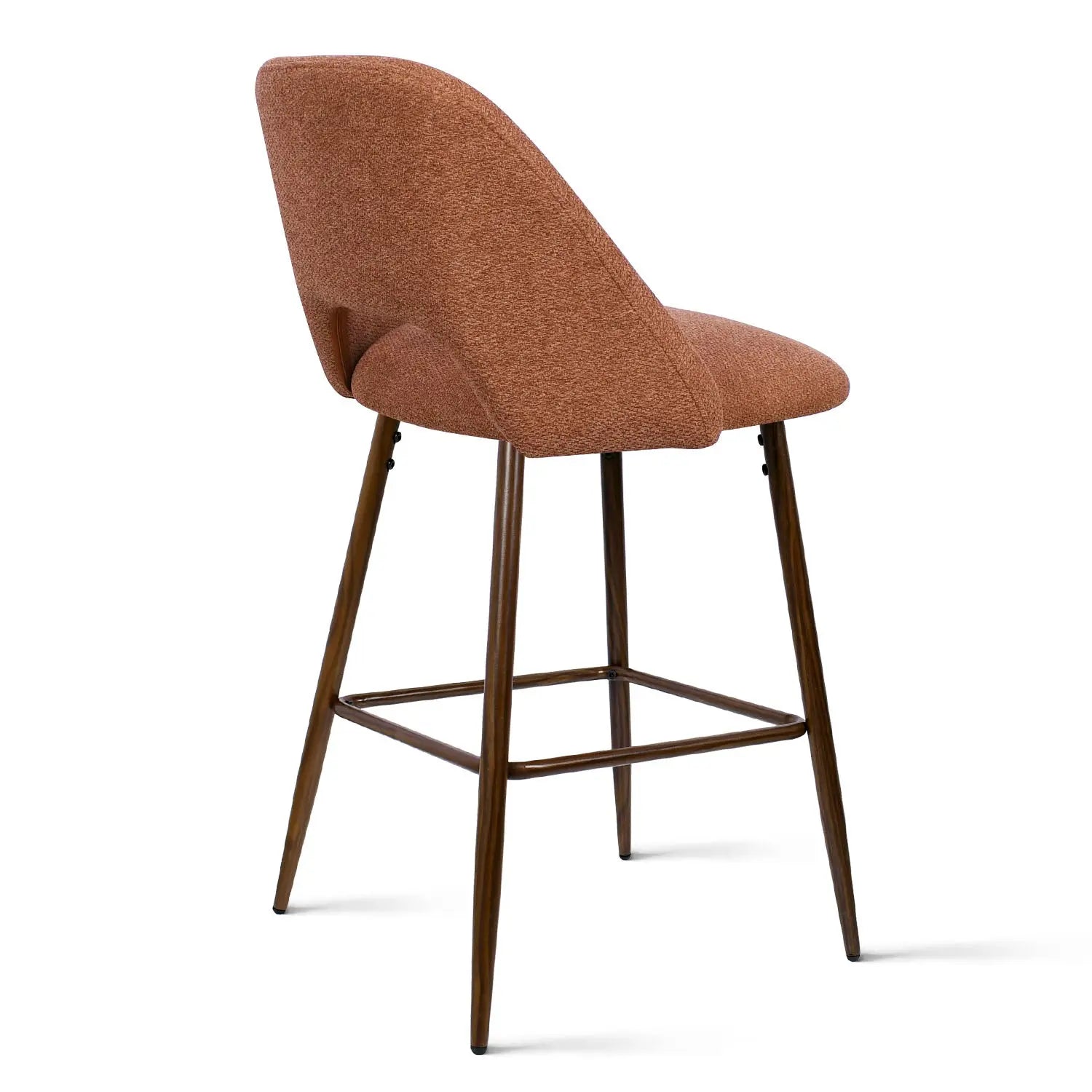 Edwin Modern Upholstered Counter Stool with brown textured seat, wood legs, back view.