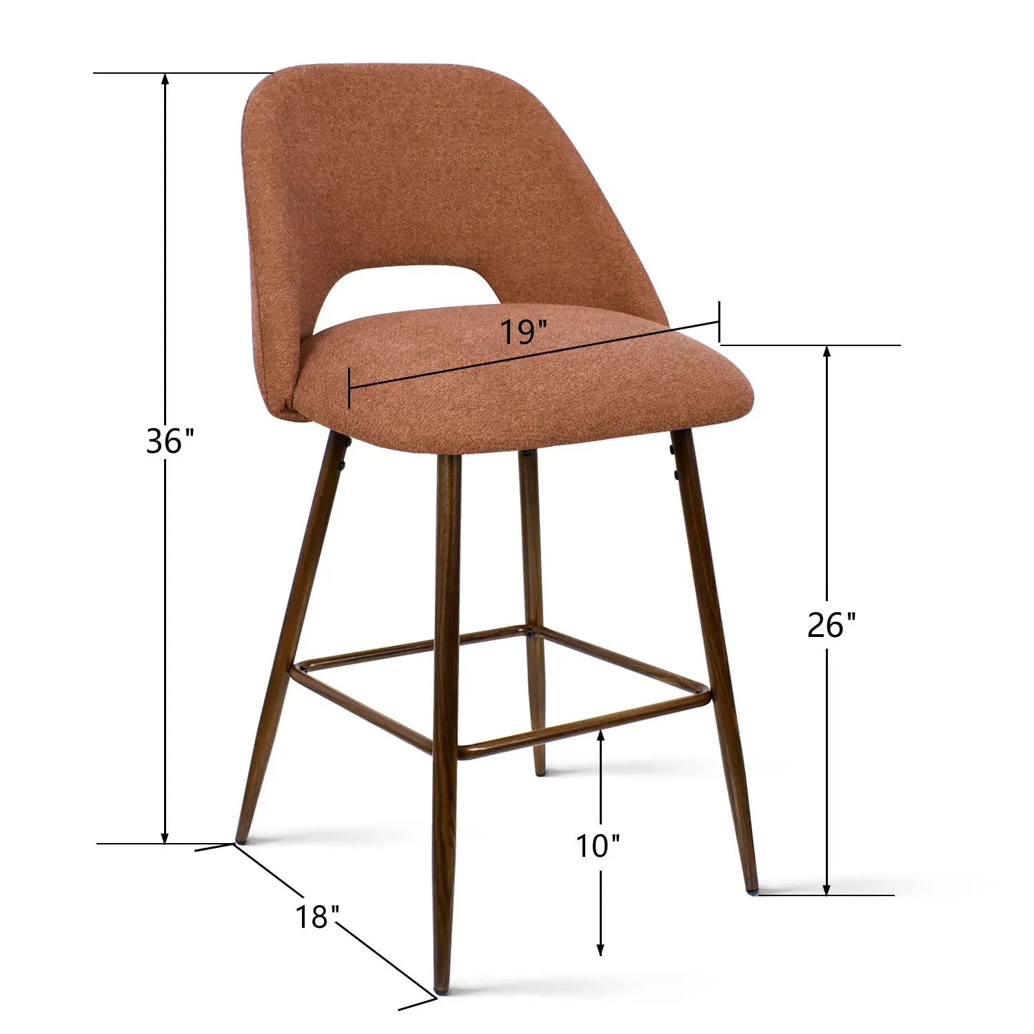 Edwin Modern Counter Stool, upholstered, mid-century style, dimensions of Edwin Modern Upholstered Counter Stool.