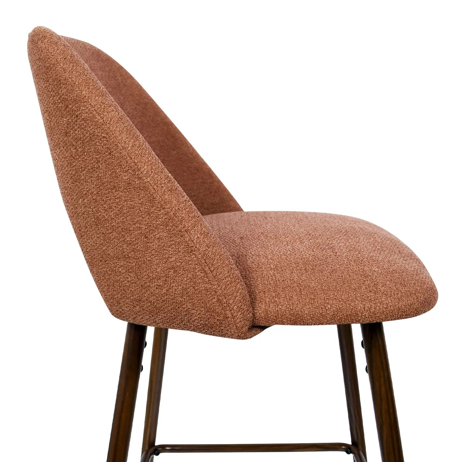 Edwin Modern Upholstered Counter Stool, sleek seat design, rich brown fabric, elegant wooden legs.