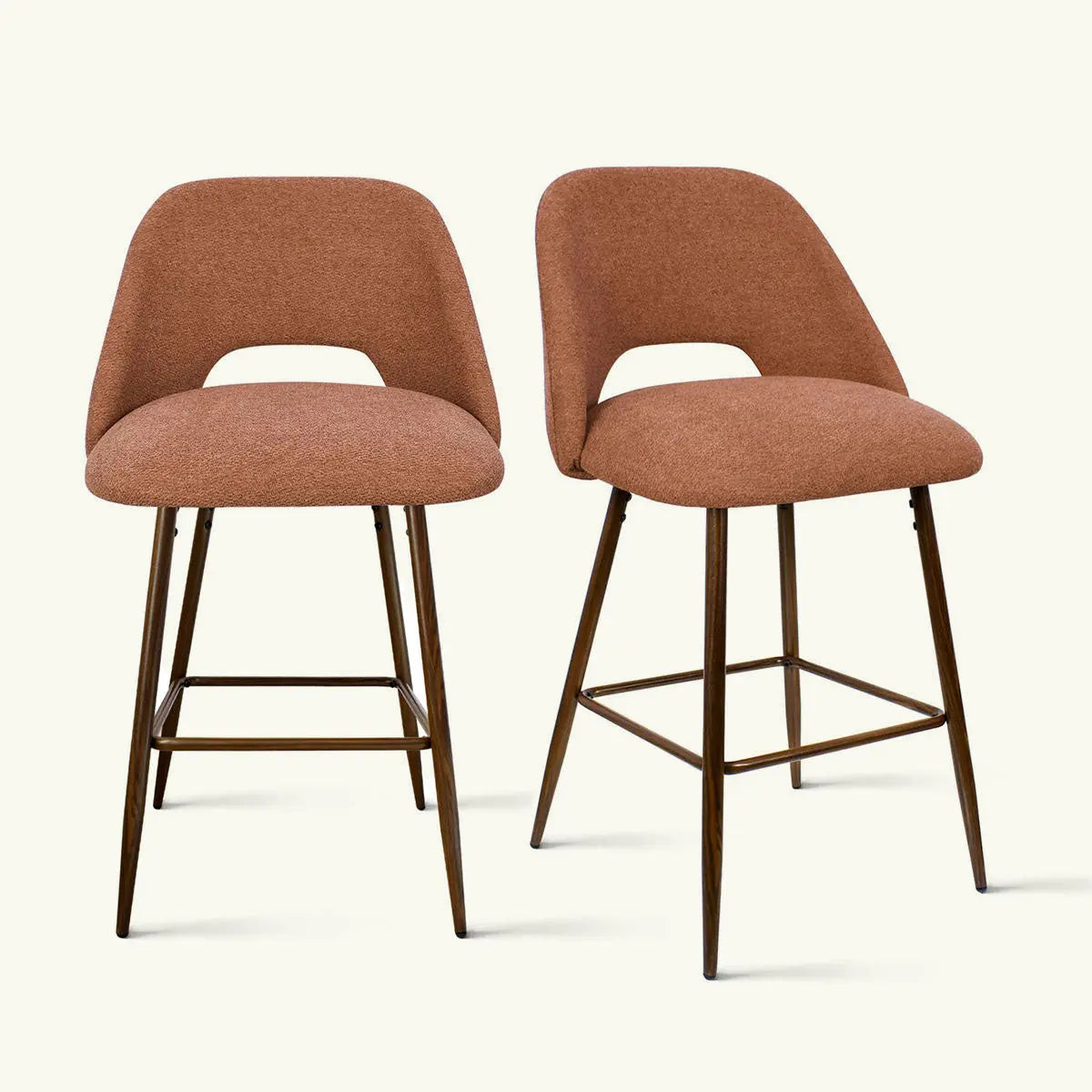 Edwin Modern Upholstered Counter Stool, brown seats, wooden legs, neutral background.