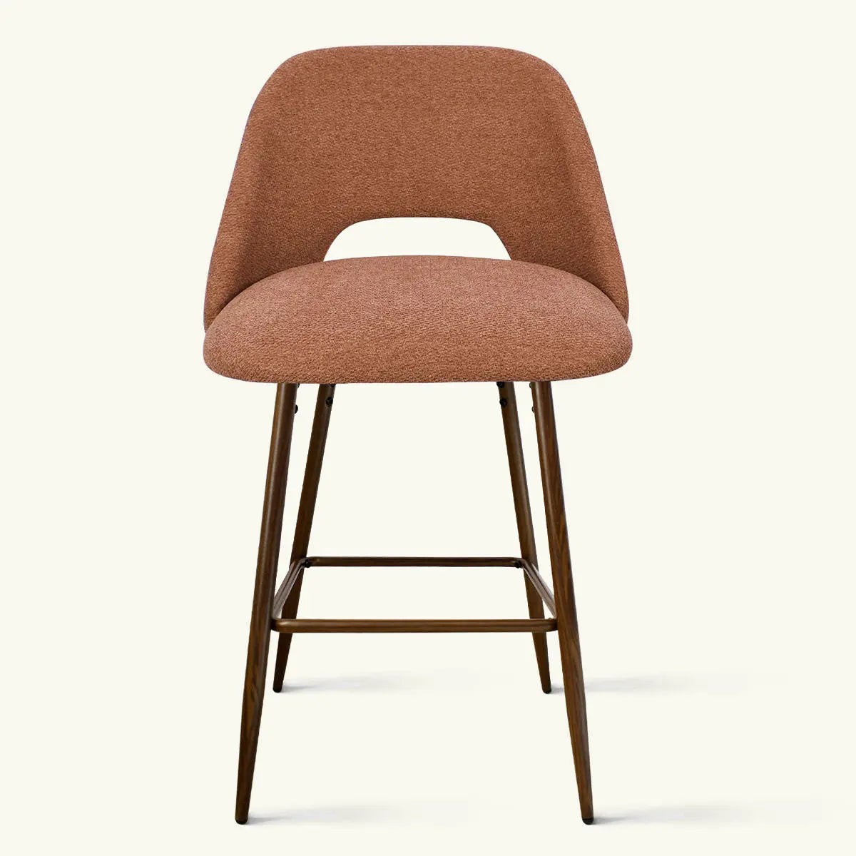 Edwin Modern Upholstered Counter Stool, brown fabric, wooden legs; contemporary dining room seating furniture.