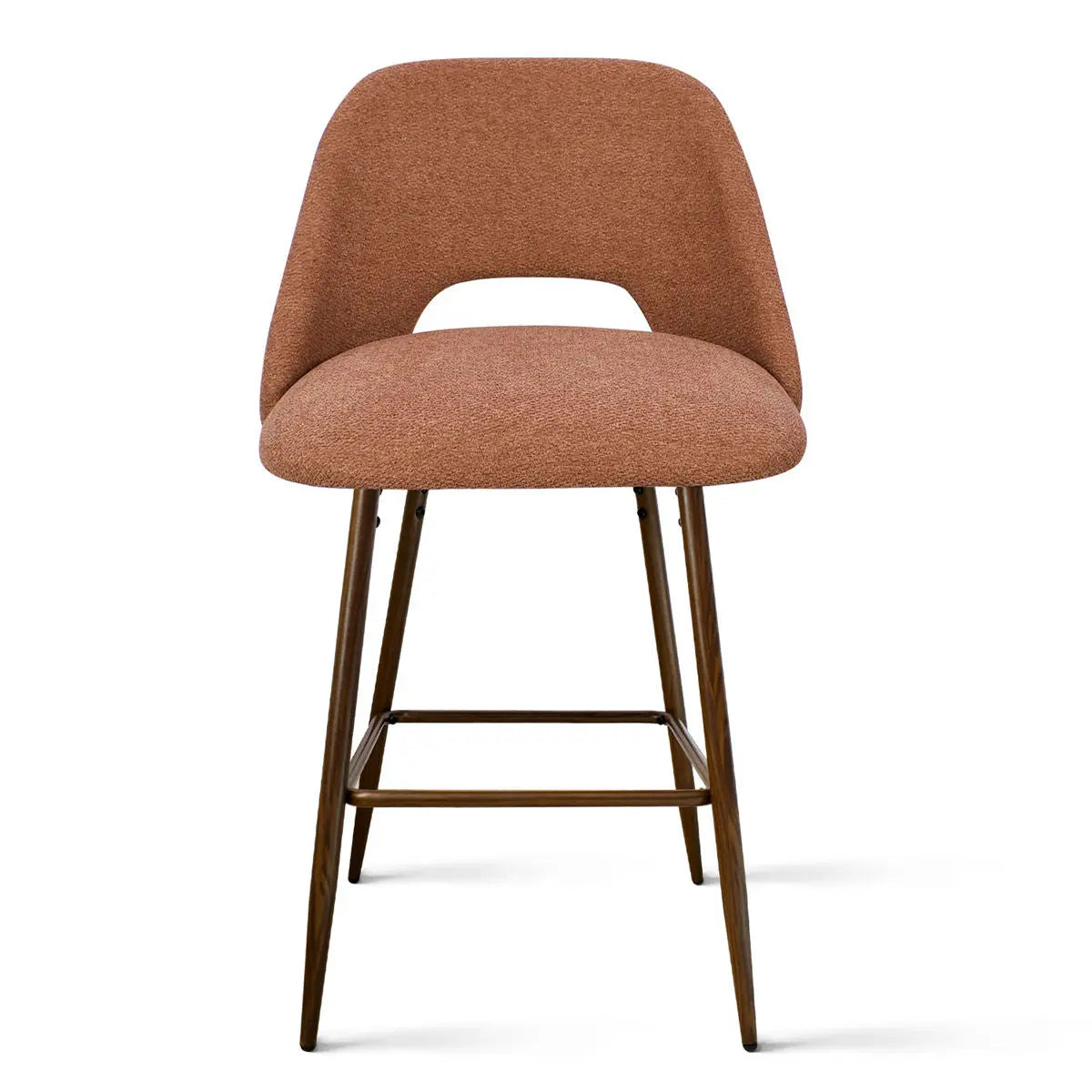 Edwin Modern Upholstered Counter Stool with wooden legs, brown fabric, and contemporary design.