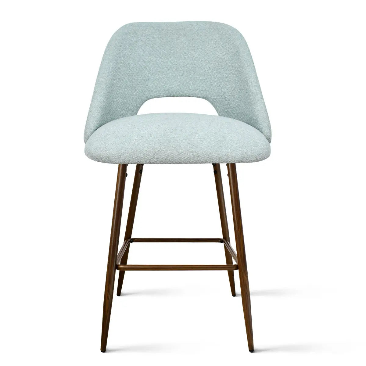 Edwin Modern Upholstered Counter Stool with light green fabric and wooden legs, front view.