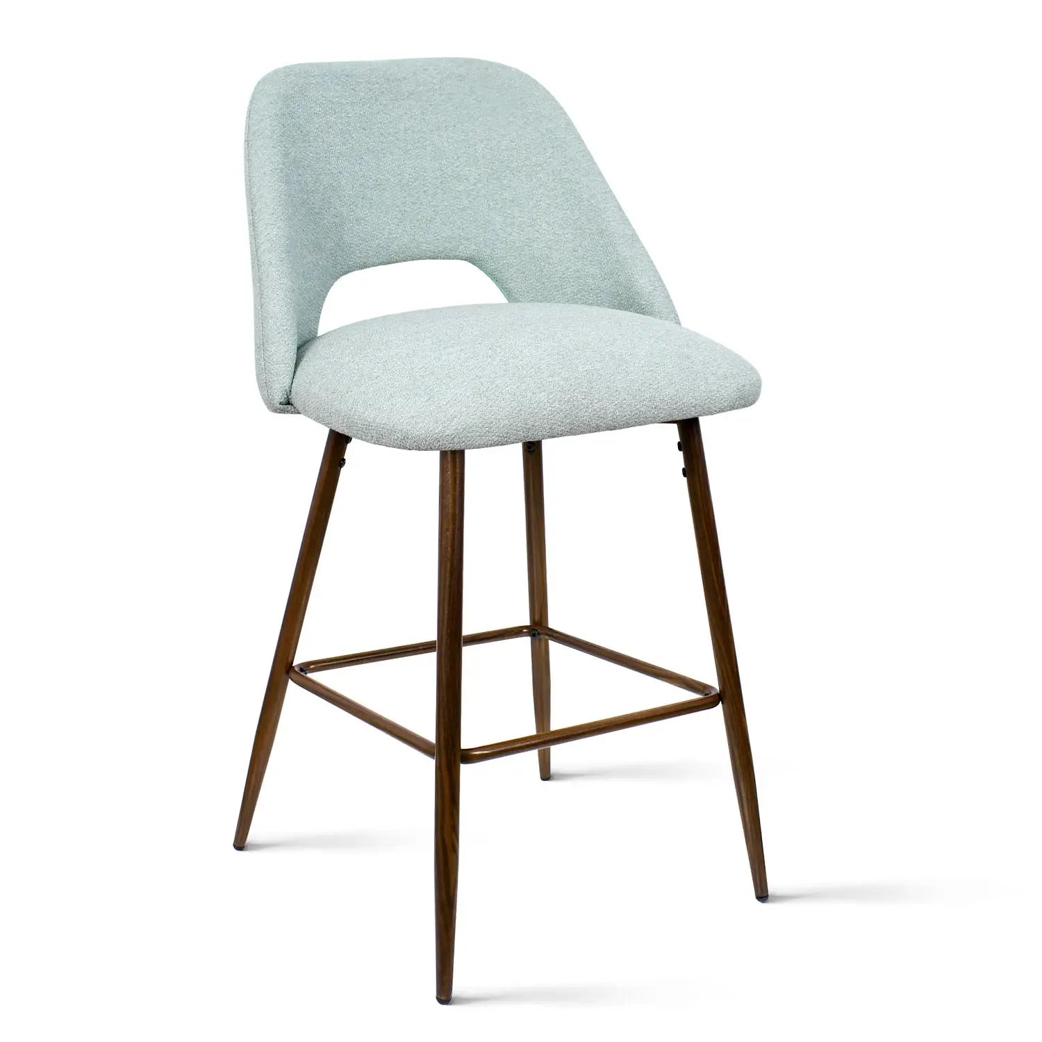 Edwin Modern Upholstered Counter Stool, light gray fabric, wooden legs. Ideal for kitchen or bar.