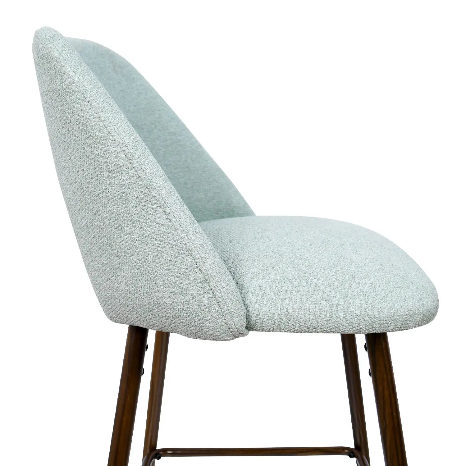 Edwin Modern Upholstered Counter Stool, side view, light fabric, wooden legs, contemporary furniture piece.