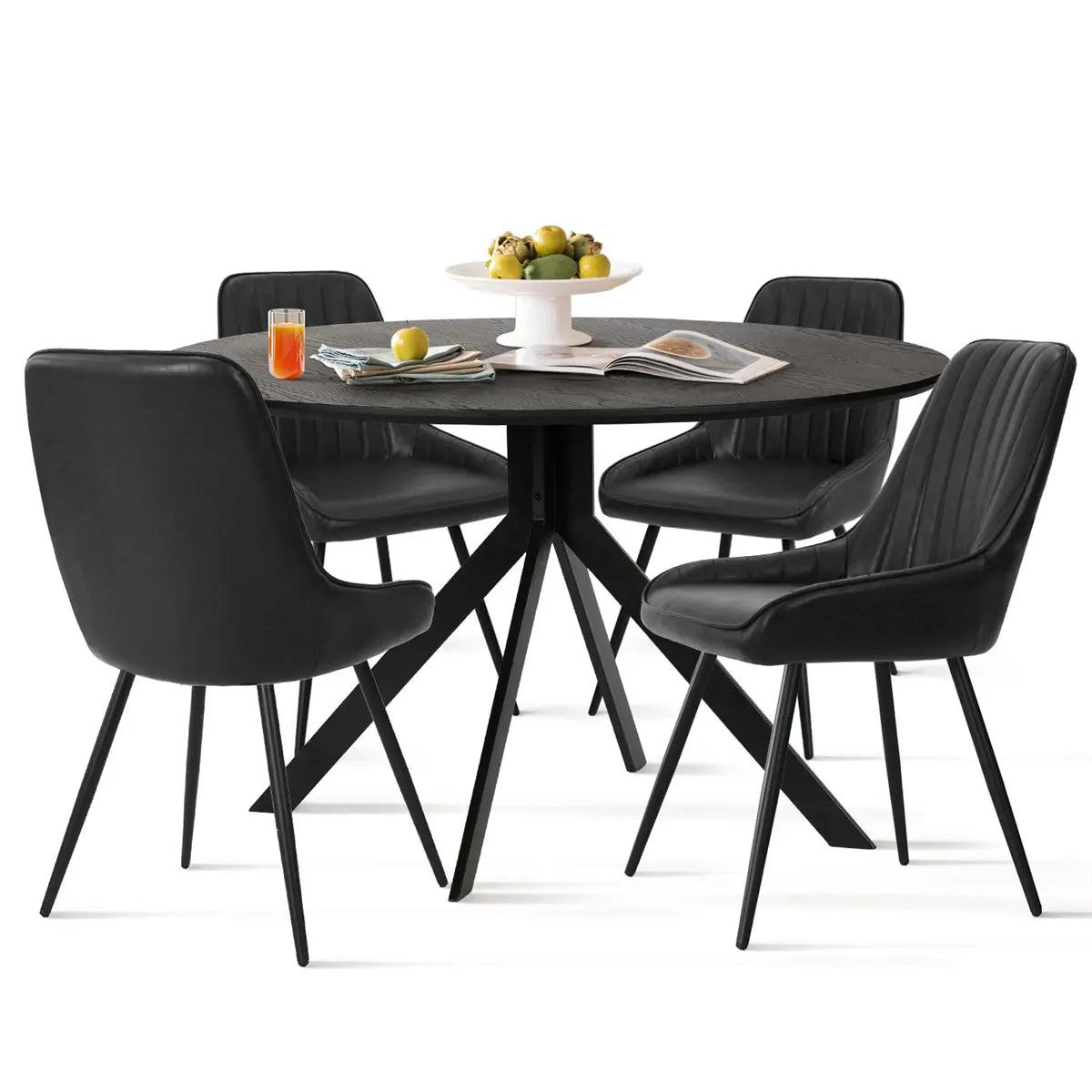 Jonesbo & Boston black dining set with leather chairs, round table, modern style.