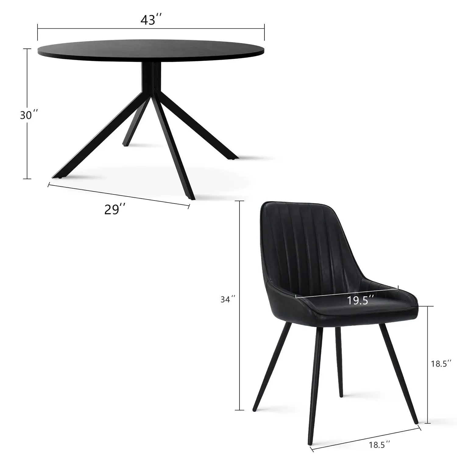 Dimensions of Jonesbo & Boston Modern Black Round Dining Table with Leather Chair Set.