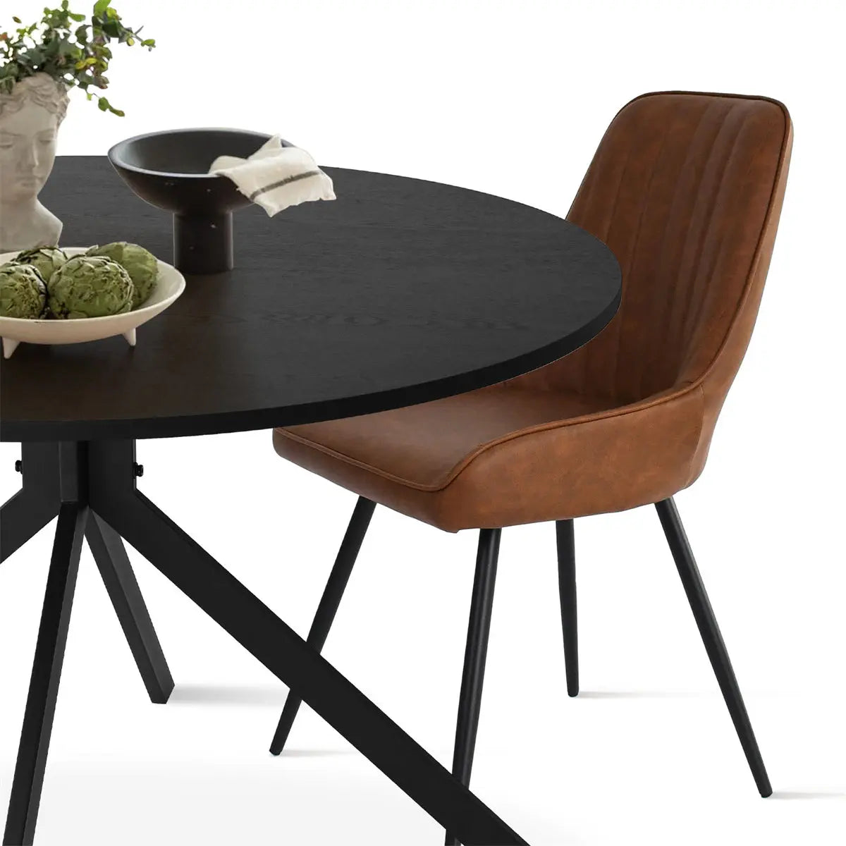 Jonesbo & Boston black round dining table with brown leather chair, modern dining room furniture set.