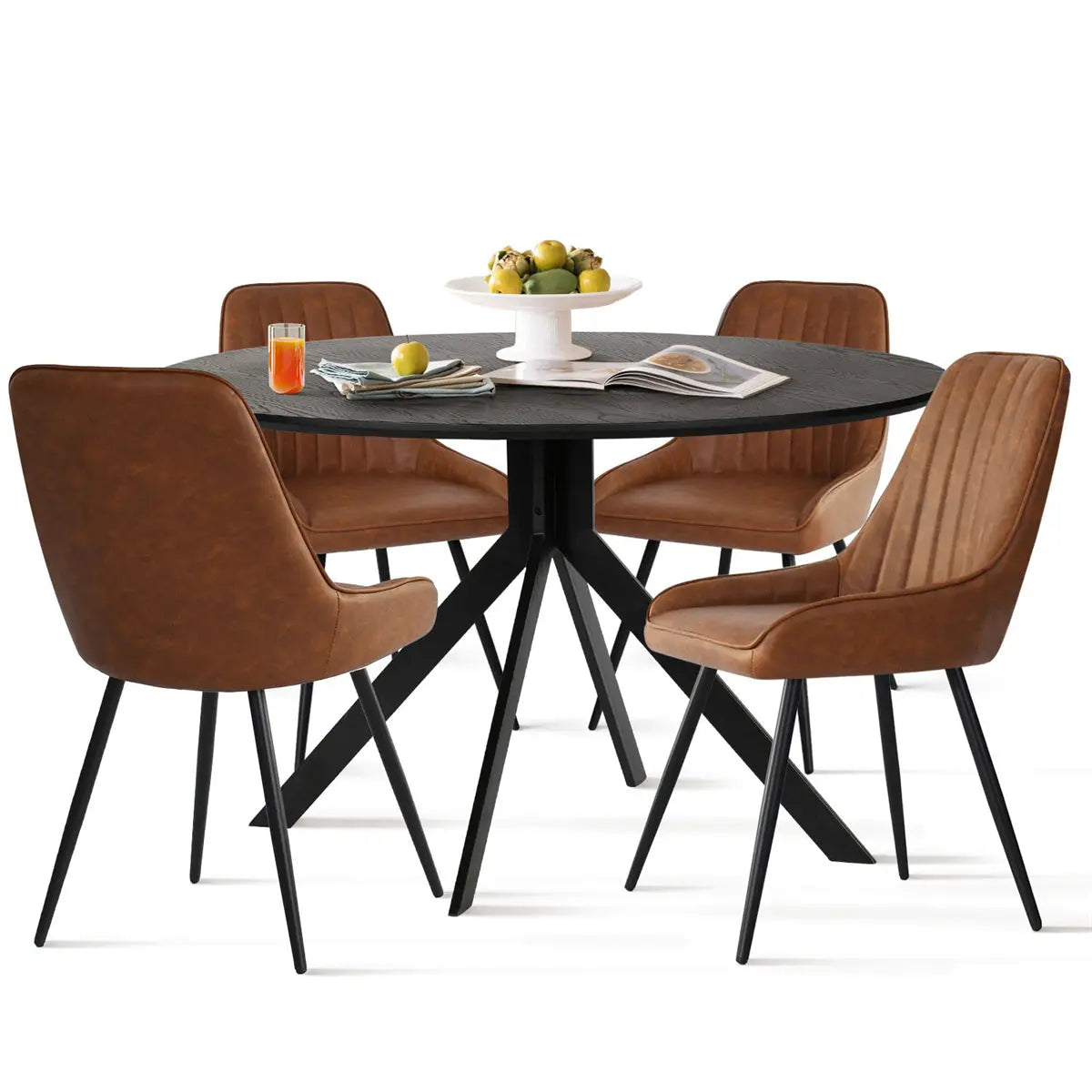 Jonesbo & Boston black round dining table set with leather chairs, modern design, kitchen furniture.