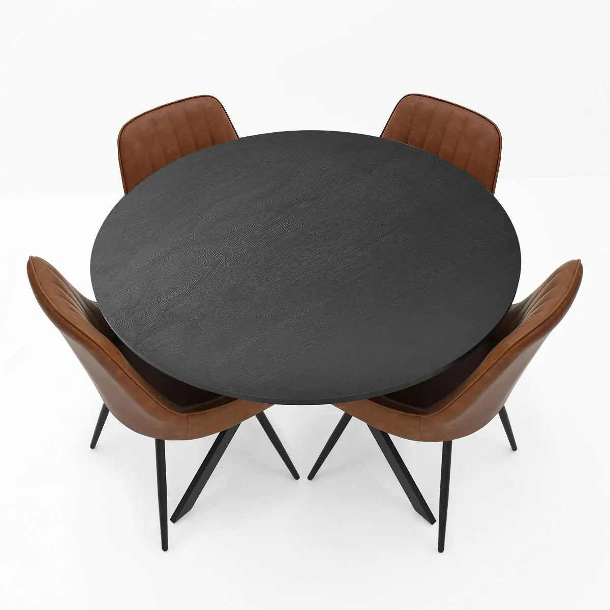 Jonesbo & Boston black round dining table with brown leather chairs on white background.