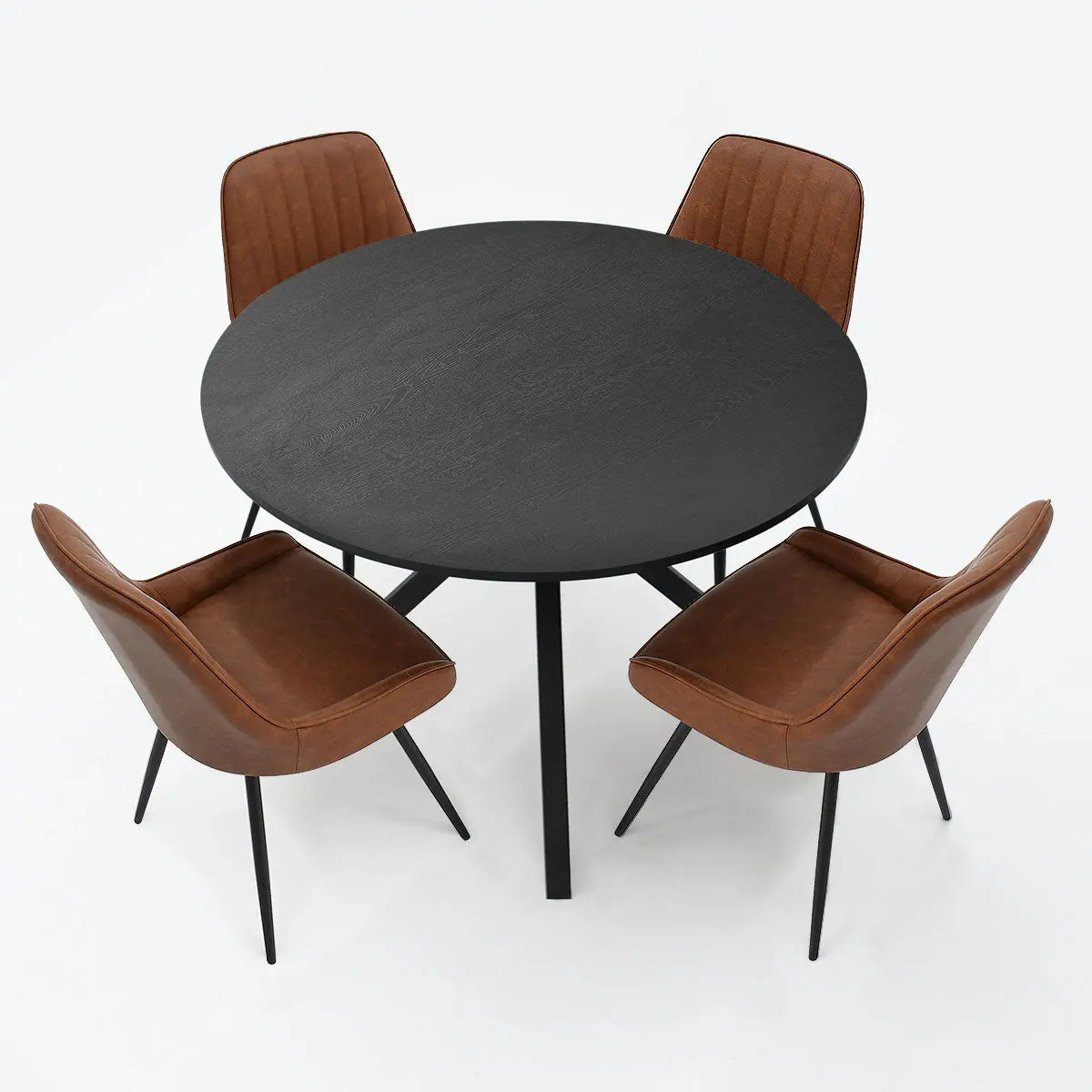 Jonesbo & Boston dining set with black round table and brown leather chairs, modern design.