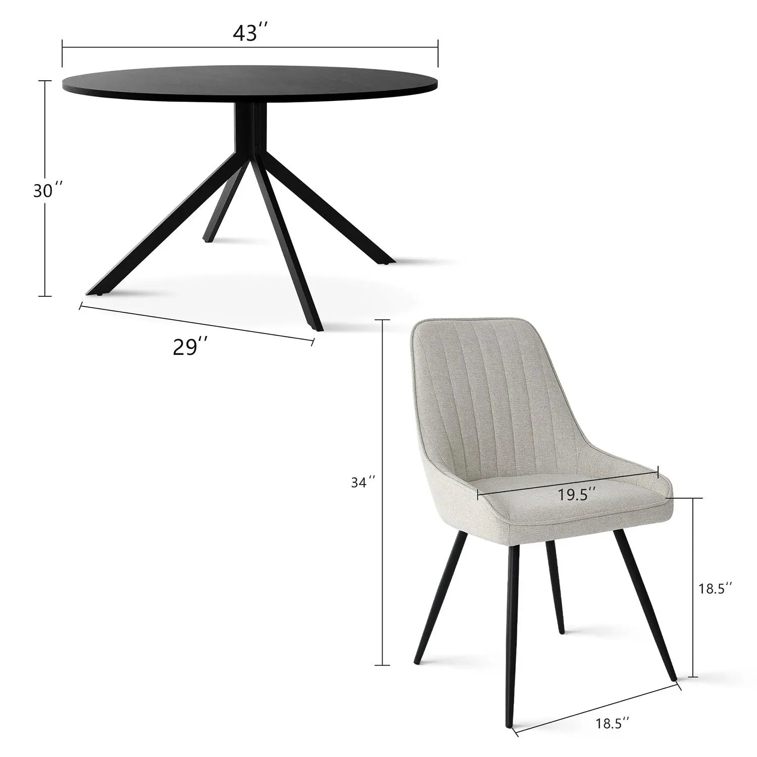 Jonesbo & Boston black round dining table set dimensions with modern chair design, minimalist style.