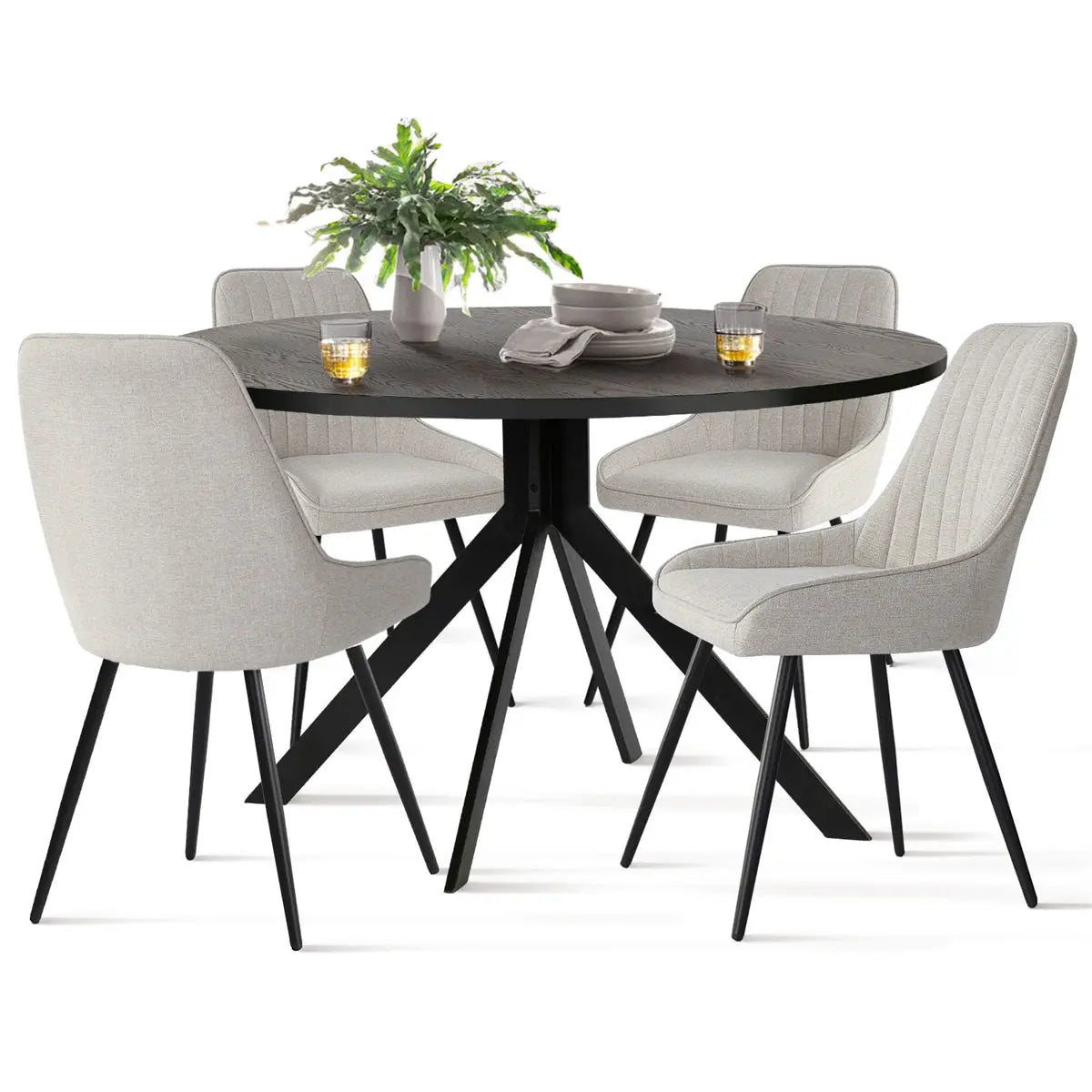 Jonesbo & Boston Modern Black Round Dining Table Set with beige chairs, minimalistic style.