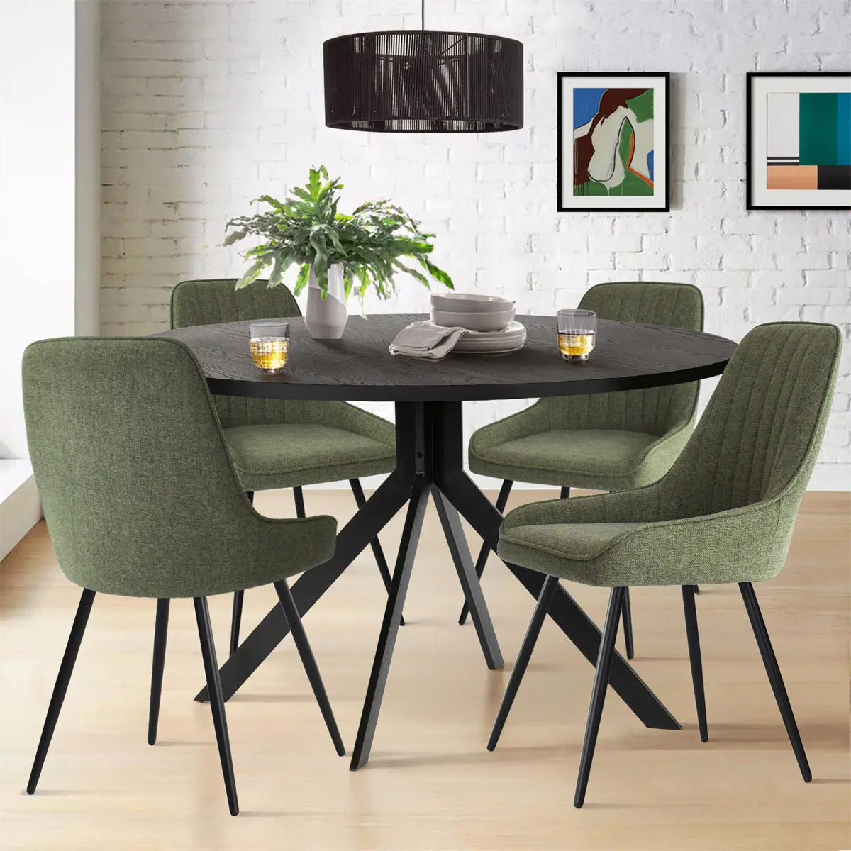 Jonesbo Boston 43" Black Dining Table Set, green chairs, white brick wall, light wood flooring.