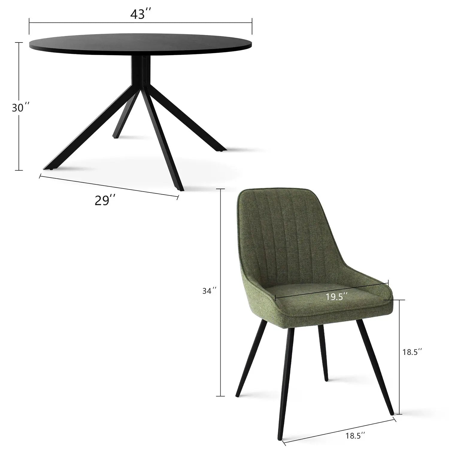 Jonesbo & Boston black dining table set with green chair, dimensions included, modern style.