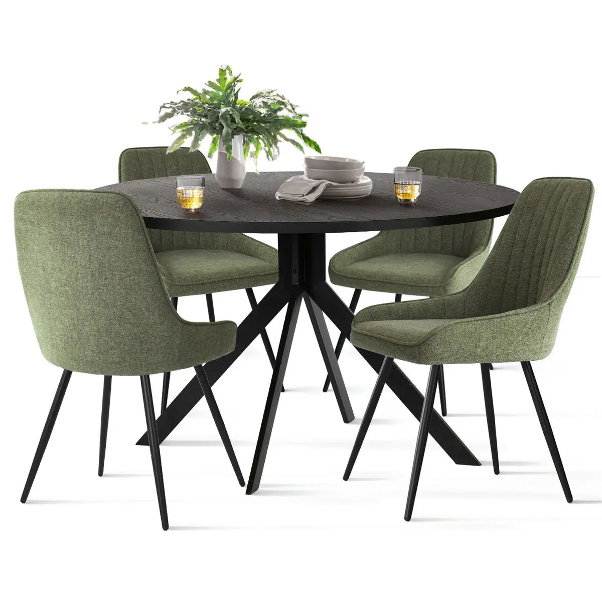 Jonesbo & Boston round dining set with green chairs, black table base, modern style.