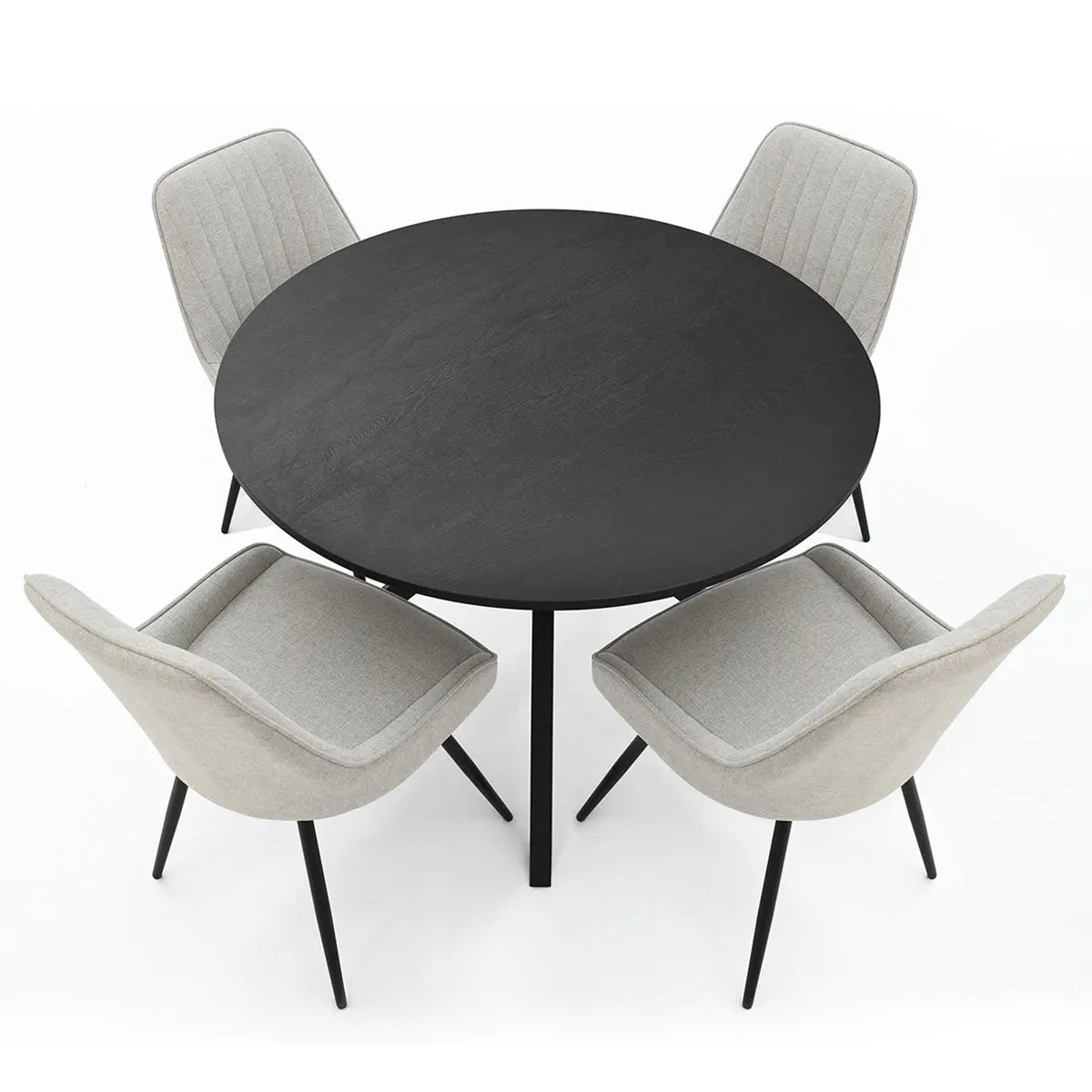 Jonesbo & Boston black round table set with grey chairs, modern dining room furniture.