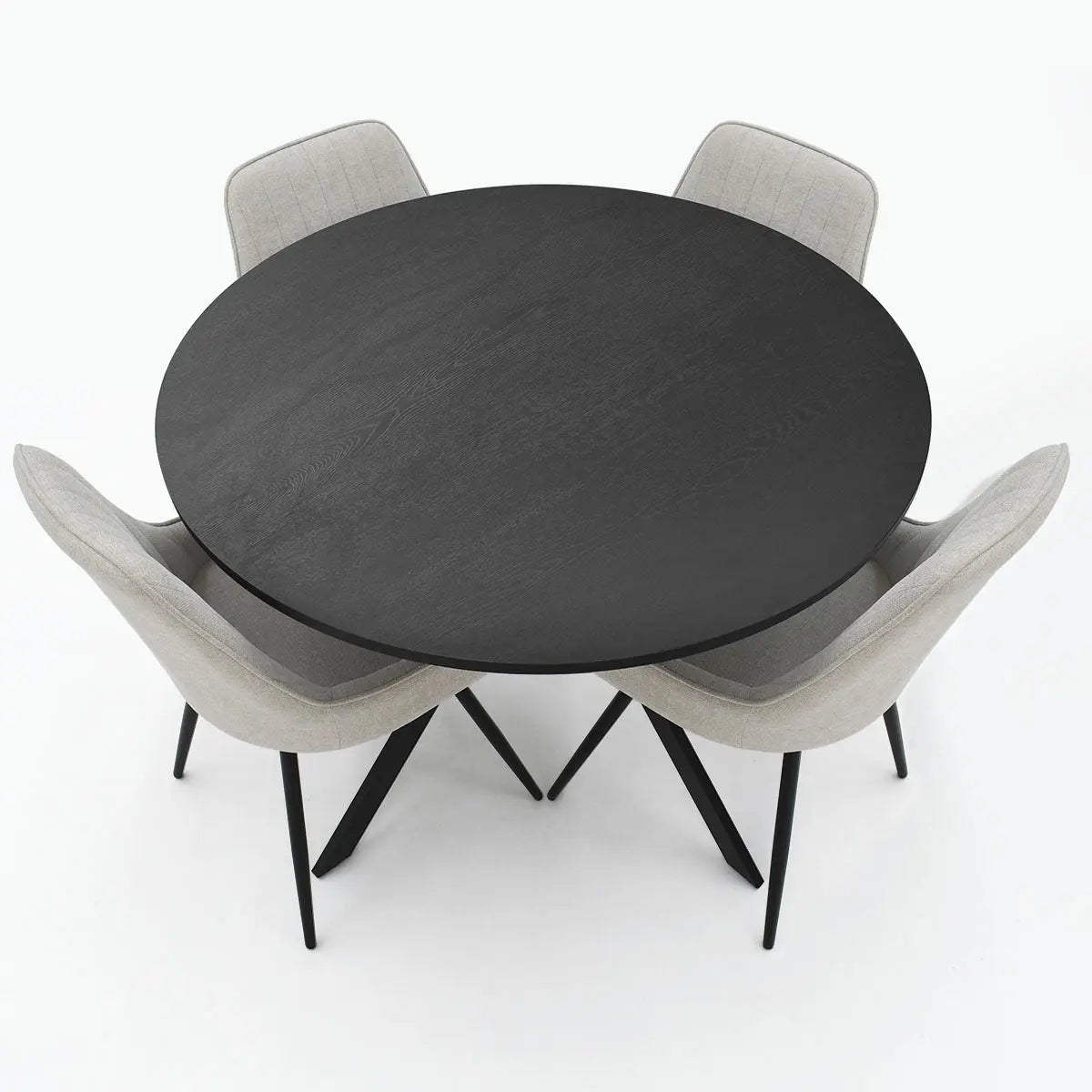 Jonesbo & Boston black round dining table with gray chairs, modern style.