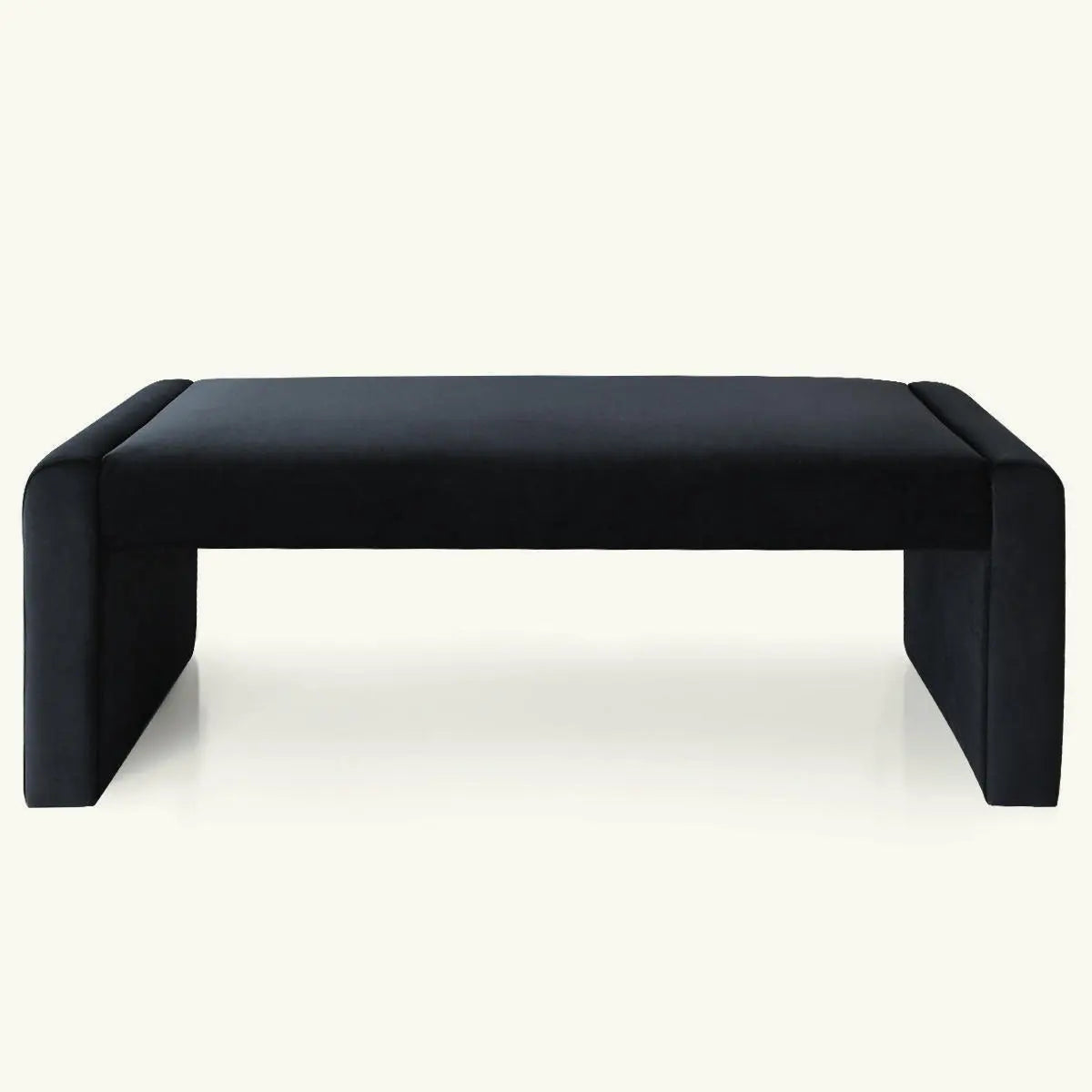 Kaia Modern Leather & Velvet Waterfall Bench, black, sleek design, in minimalist interior setting.