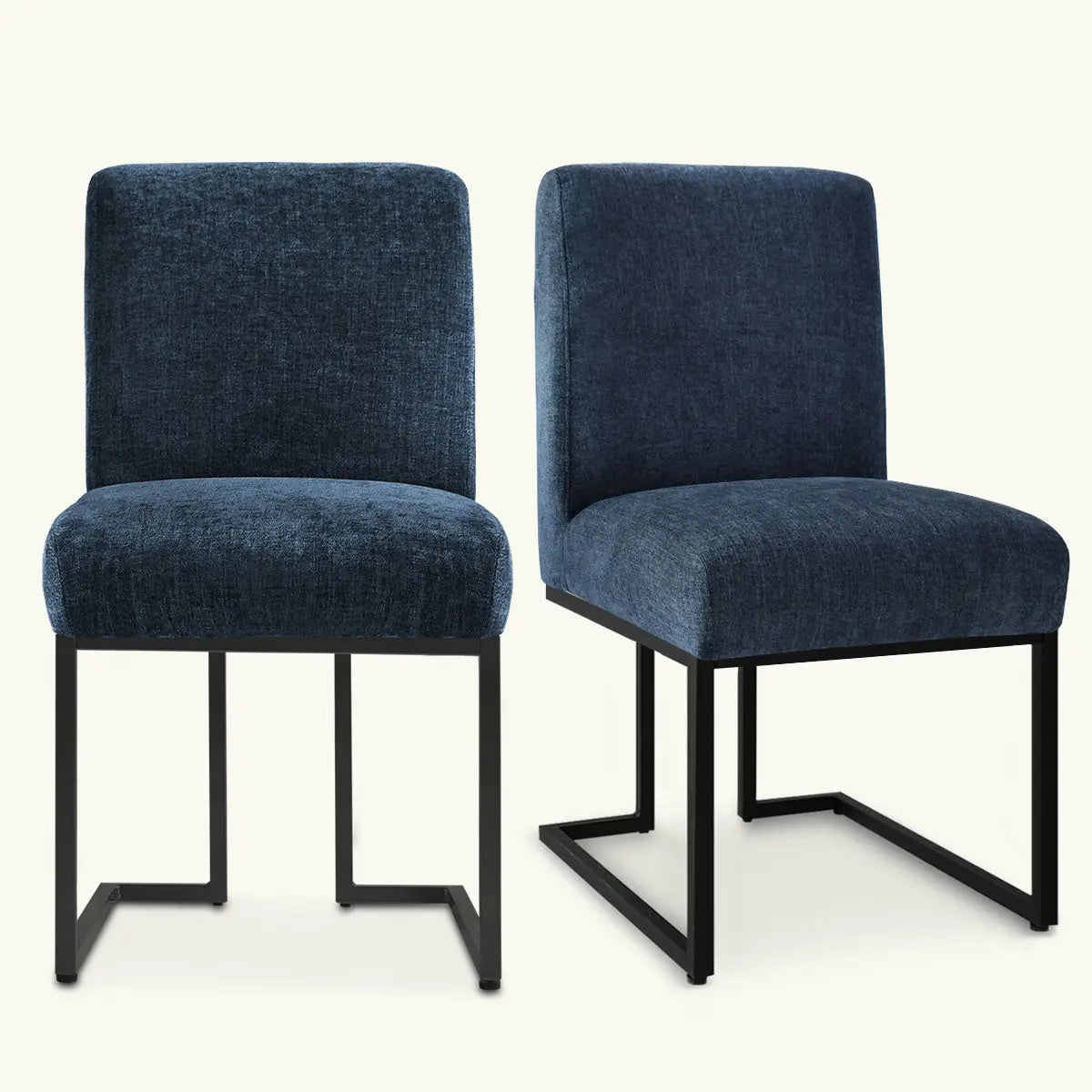 Two Mason Modern Metal Frame Upholstered Dining Chairs with black legs, blue fabric upholstery.