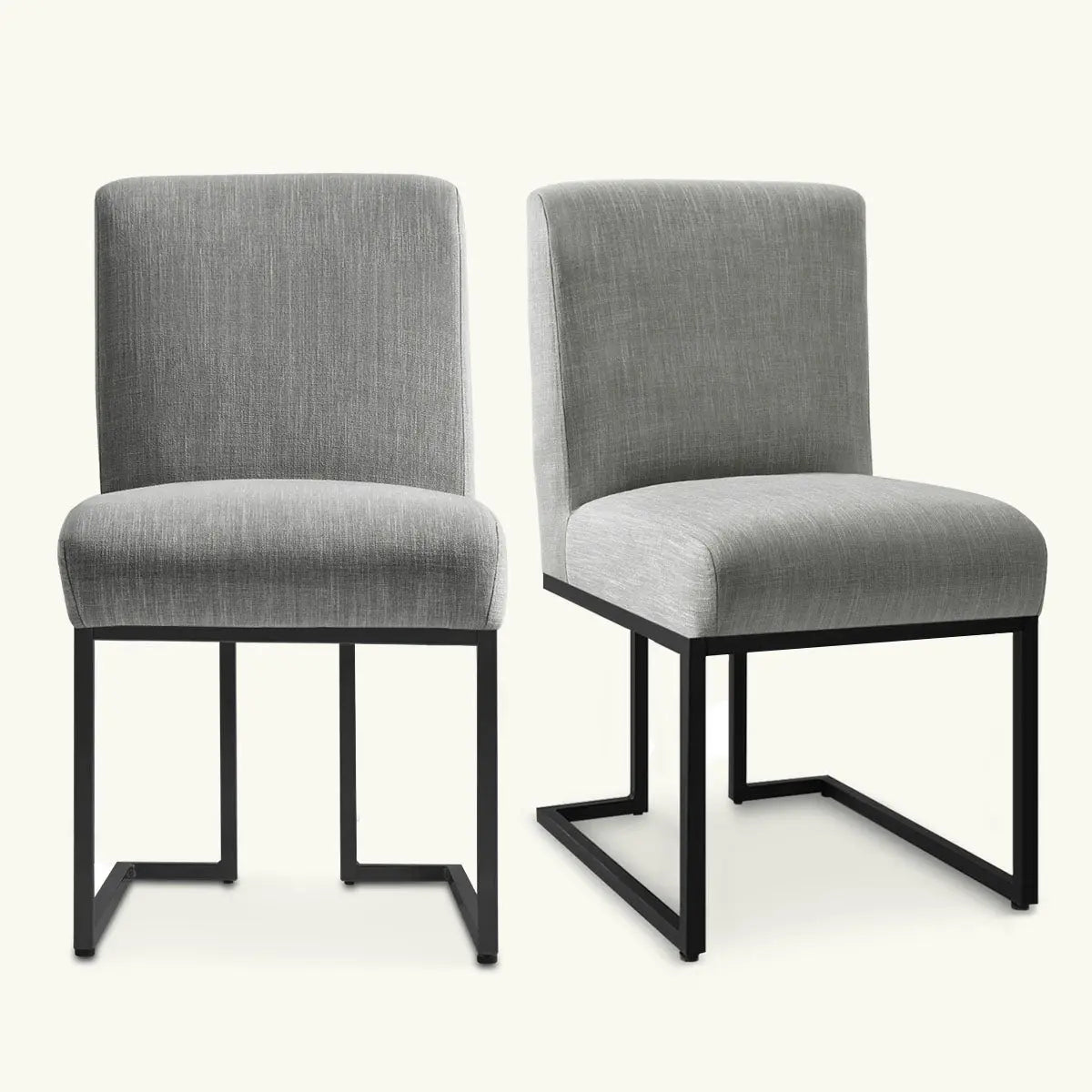 Contemporary Mason Modern Metal Frame Upholstered Dining Chairs, gray fabric, black frames, minimalist design.