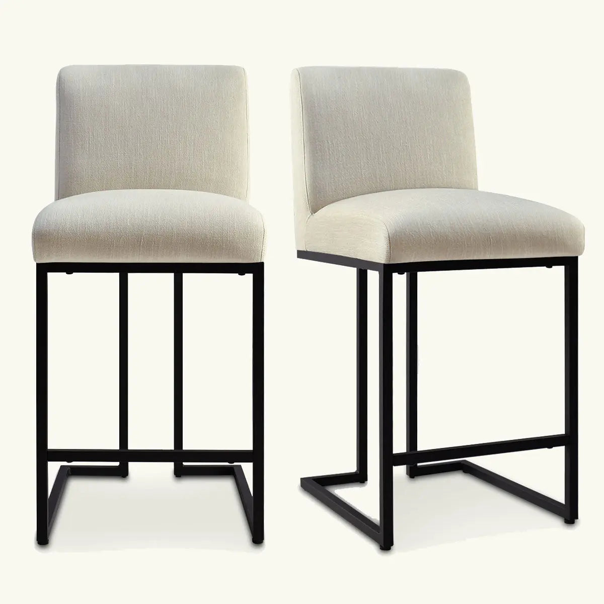 Set of two Mason 25" modern stools with metal frame and upholstery in neutral setting.