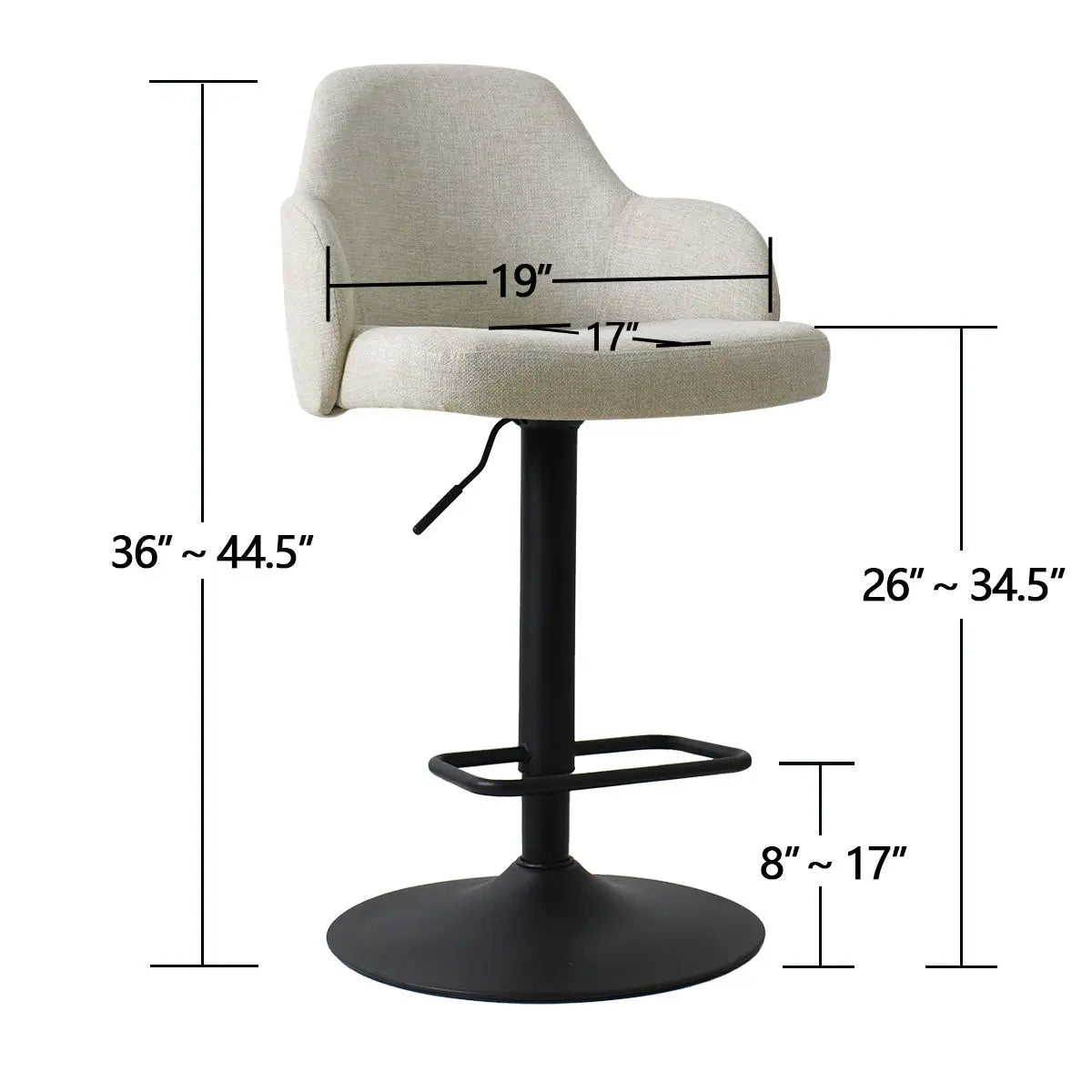 Mars Swivel Adjustable Stool with Arms, dimensions shown, upholstered design, black base.