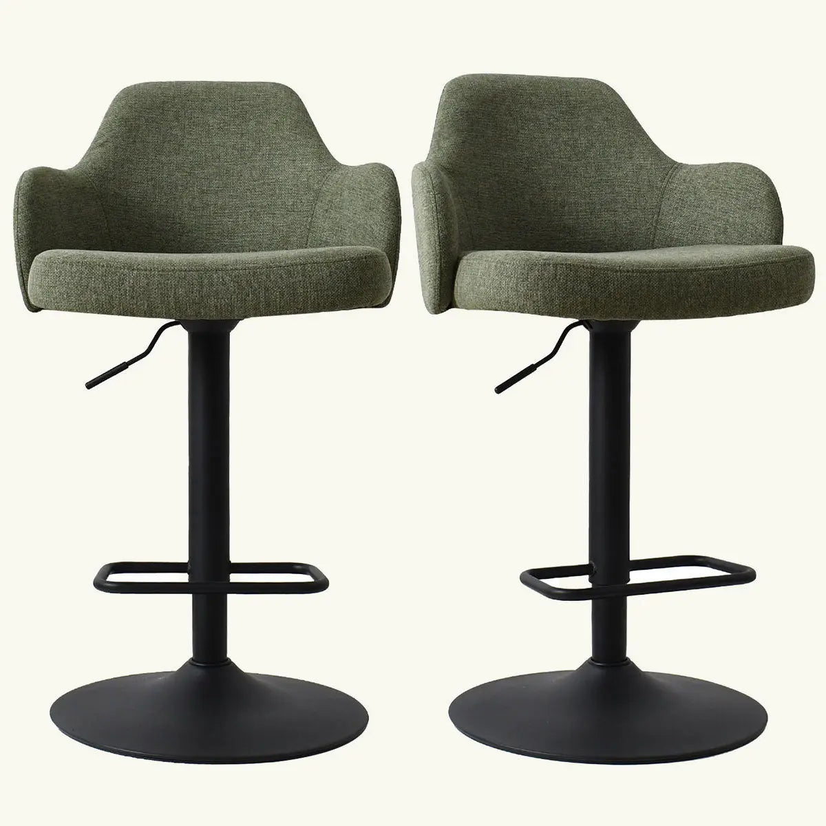 Mars Upholstered Swivel Adjustable Stool with Arms, green fabric, black base, modern design.