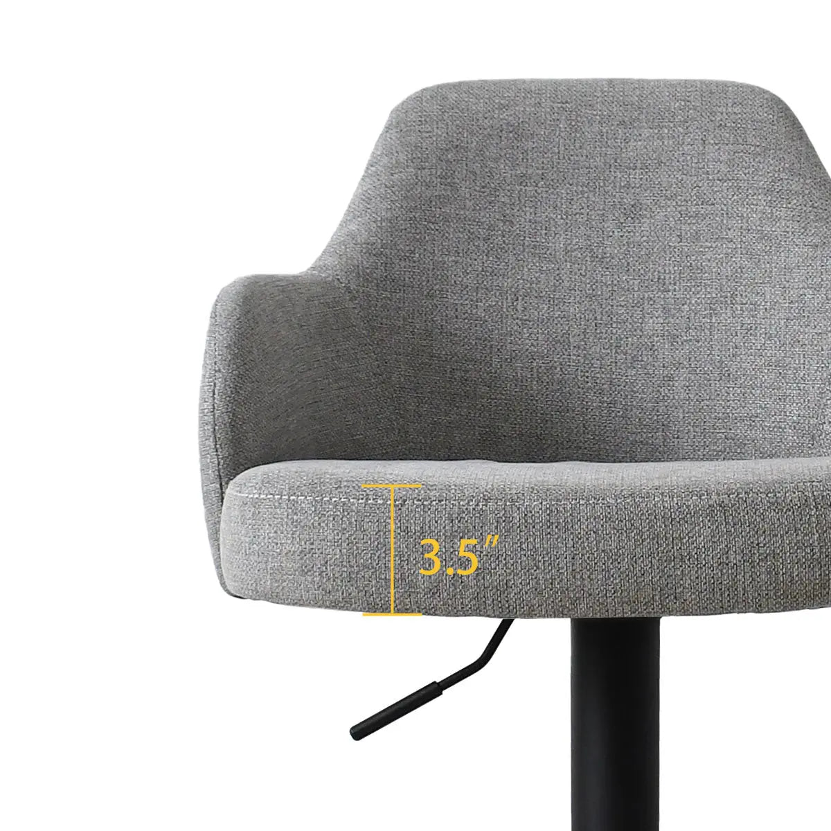 Mars Upholstered Swivel Adjustable Stool with Arms, gray fabric, dimension shown, modern home seating.