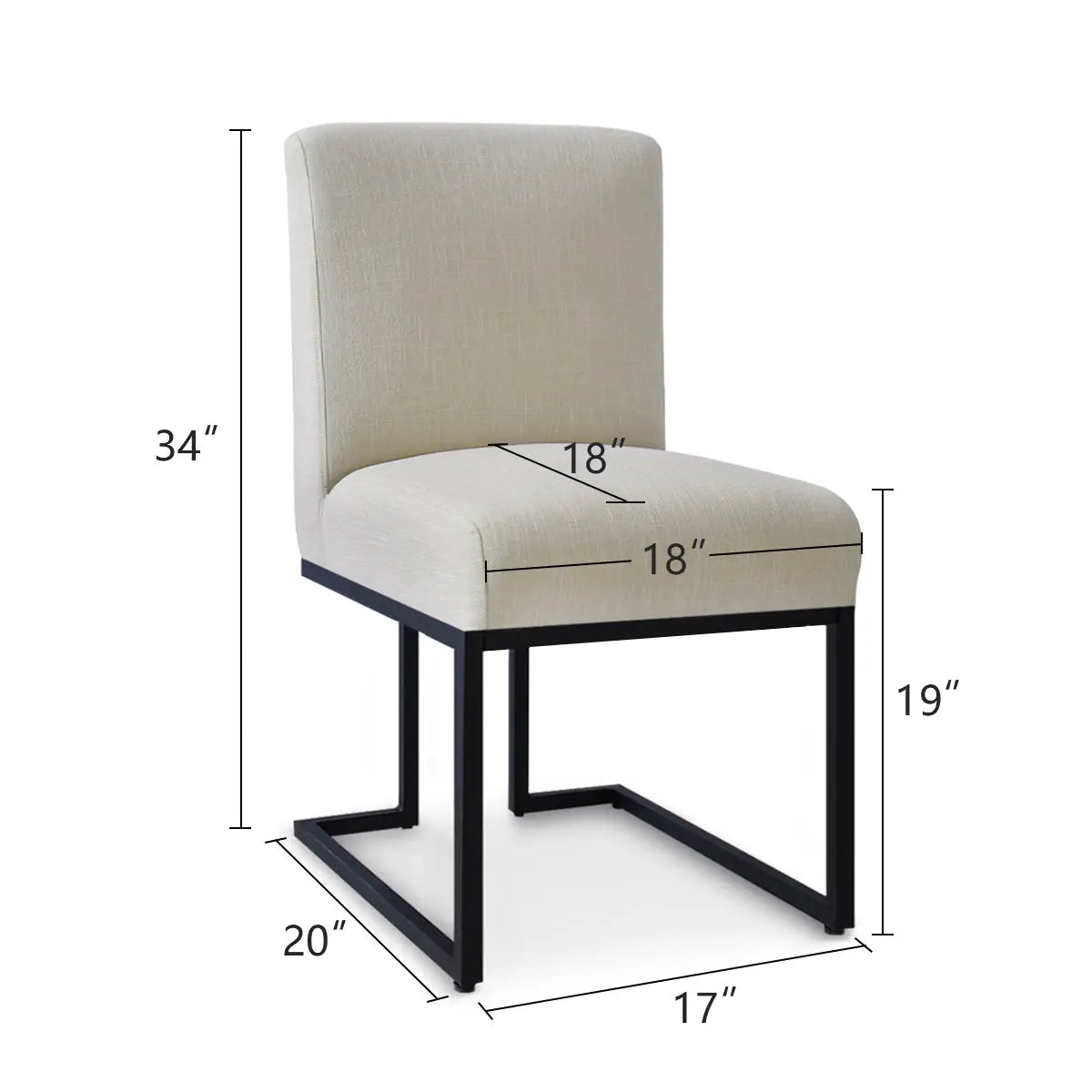 Mason Modern Metal Frame Upholstered Dining Chair with dimensions; beige cushion, minimal black frame.