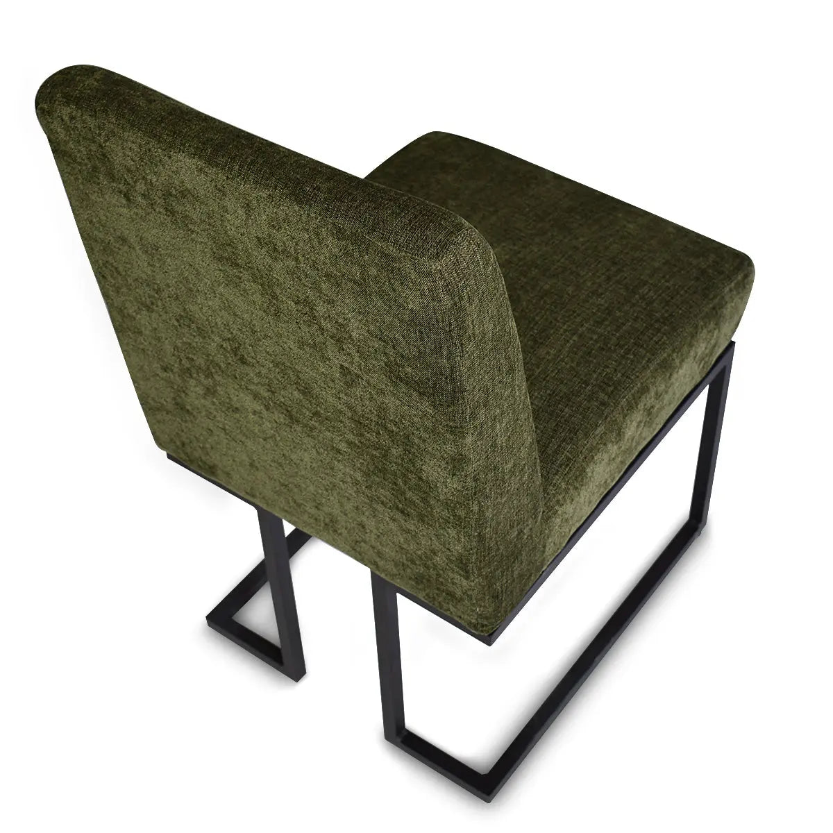 Green upholstered Mason chair with black metal frame, modern dining style.