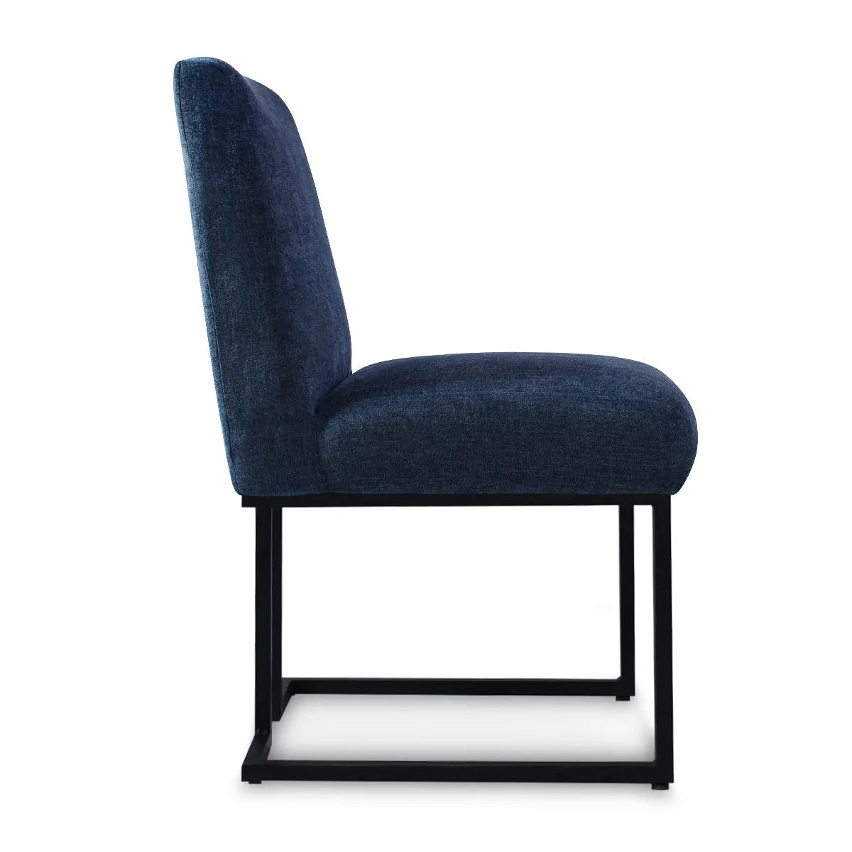 Side view of Mason Modern Metal Frame Upholstered Dining Chair with sleek design and blue fabric.