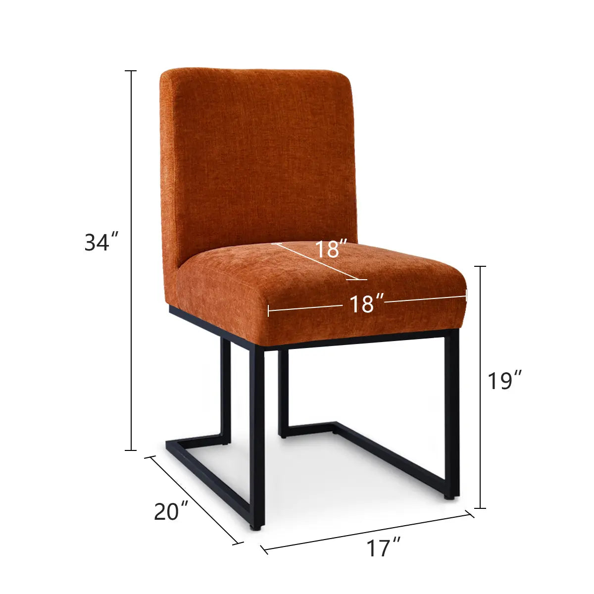 Mason Modern Metal Frame Upholstered Dining Chair with dimensions, orange upholstery, metal base.