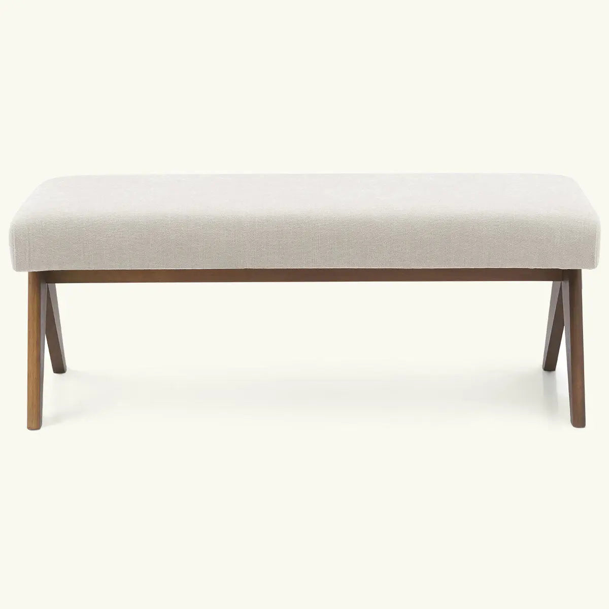 Morgan Mid-Century Upholstered Rectangular Bench with wooden legs, beige fabric, minimalist design.