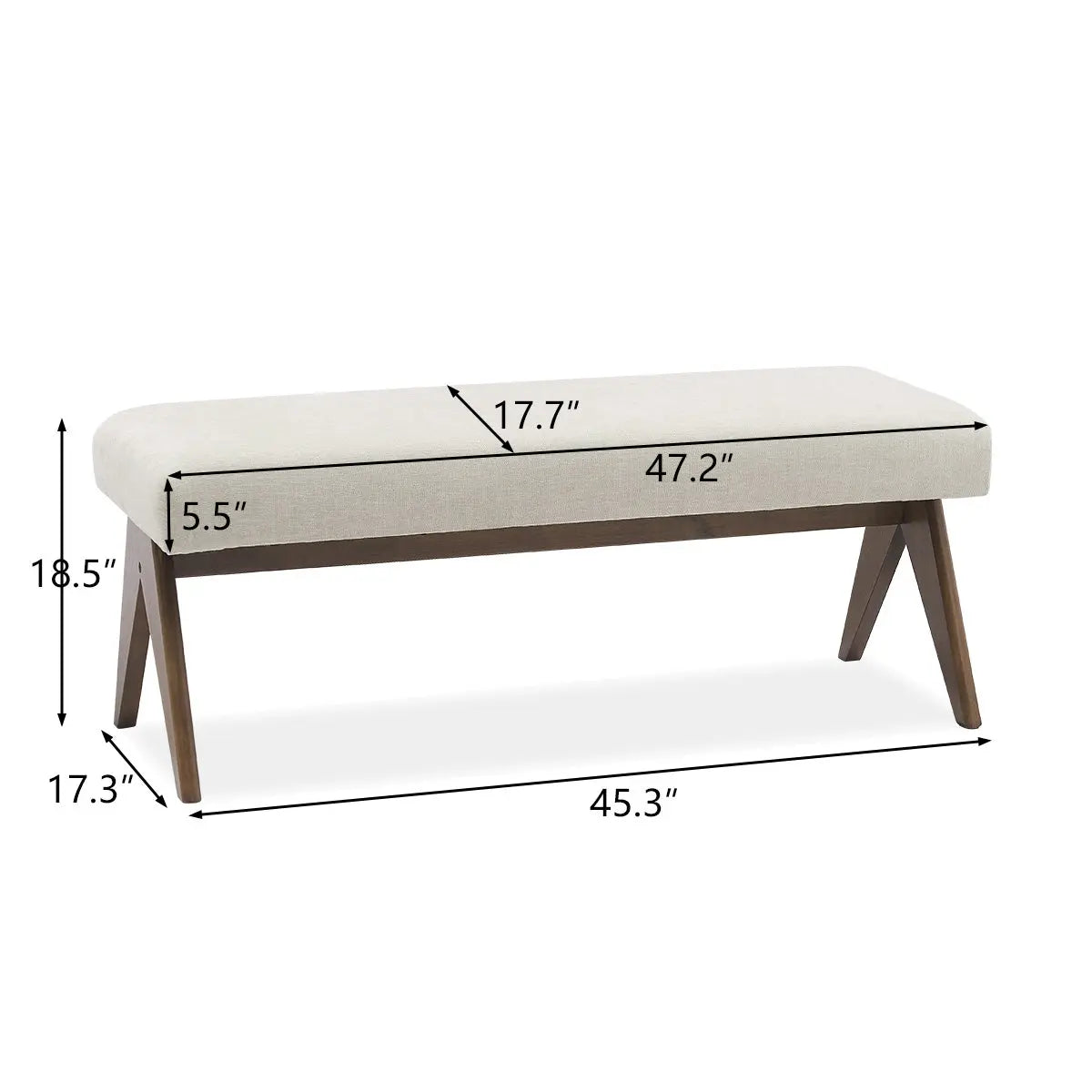 Morgan Mid-Century Upholstered Bench with dimensions; modern design, wooden legs, cream upholstery.