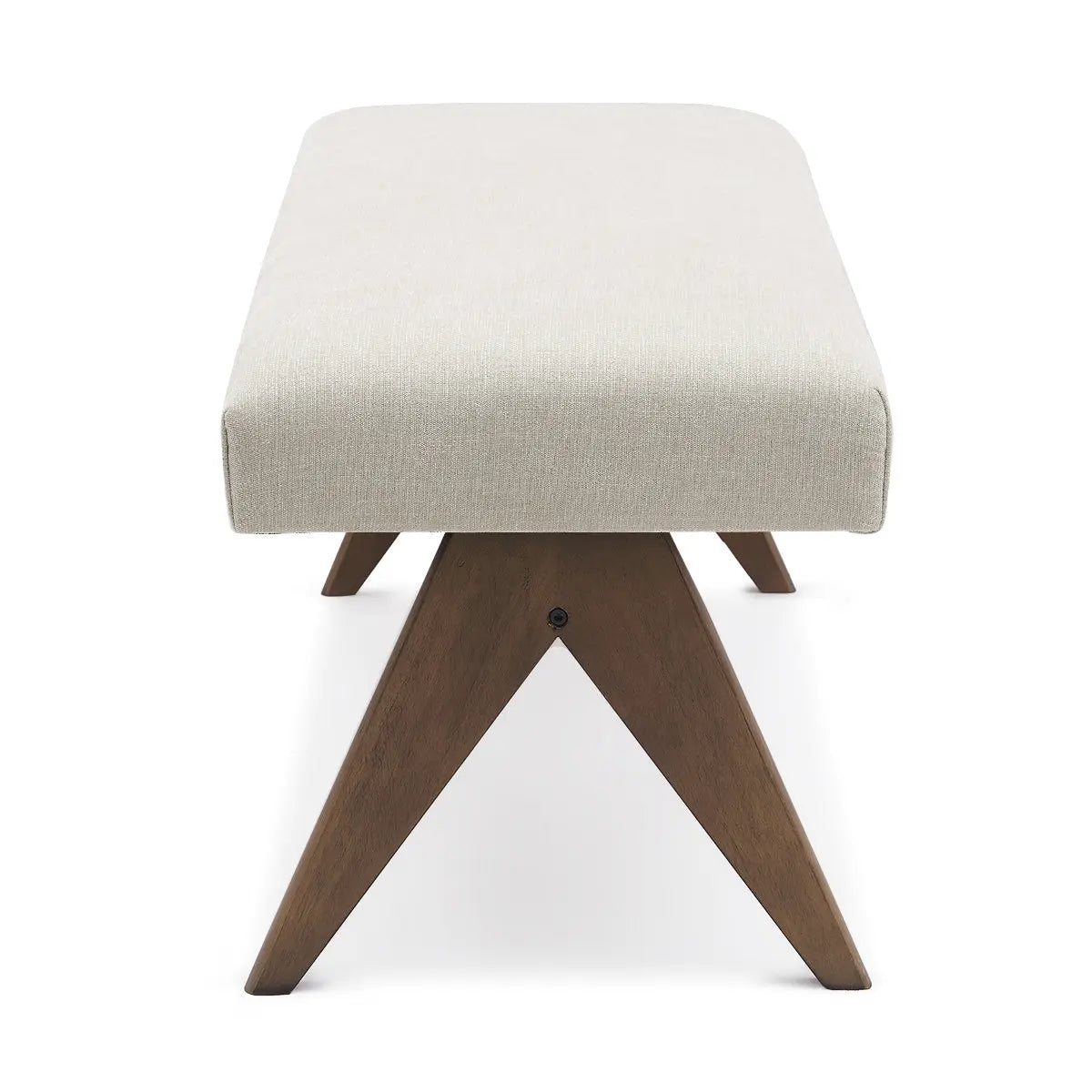 Morgan Mid-Century Upholstered Bench with wood legs, geometric base, neutral fabric, no additional decor.