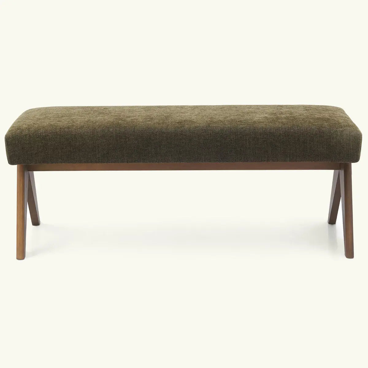 Morgan Mid-Century 47" Upholstered Bench in olive, featuring wooden legs. Perfect for living rooms.