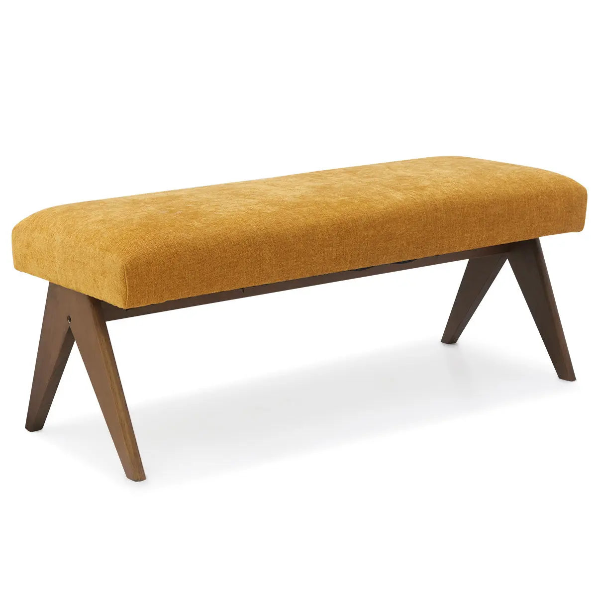 Morgan Mid-Century Upholstered Rectangular Bench in mustard color with wooden legs, modern design.