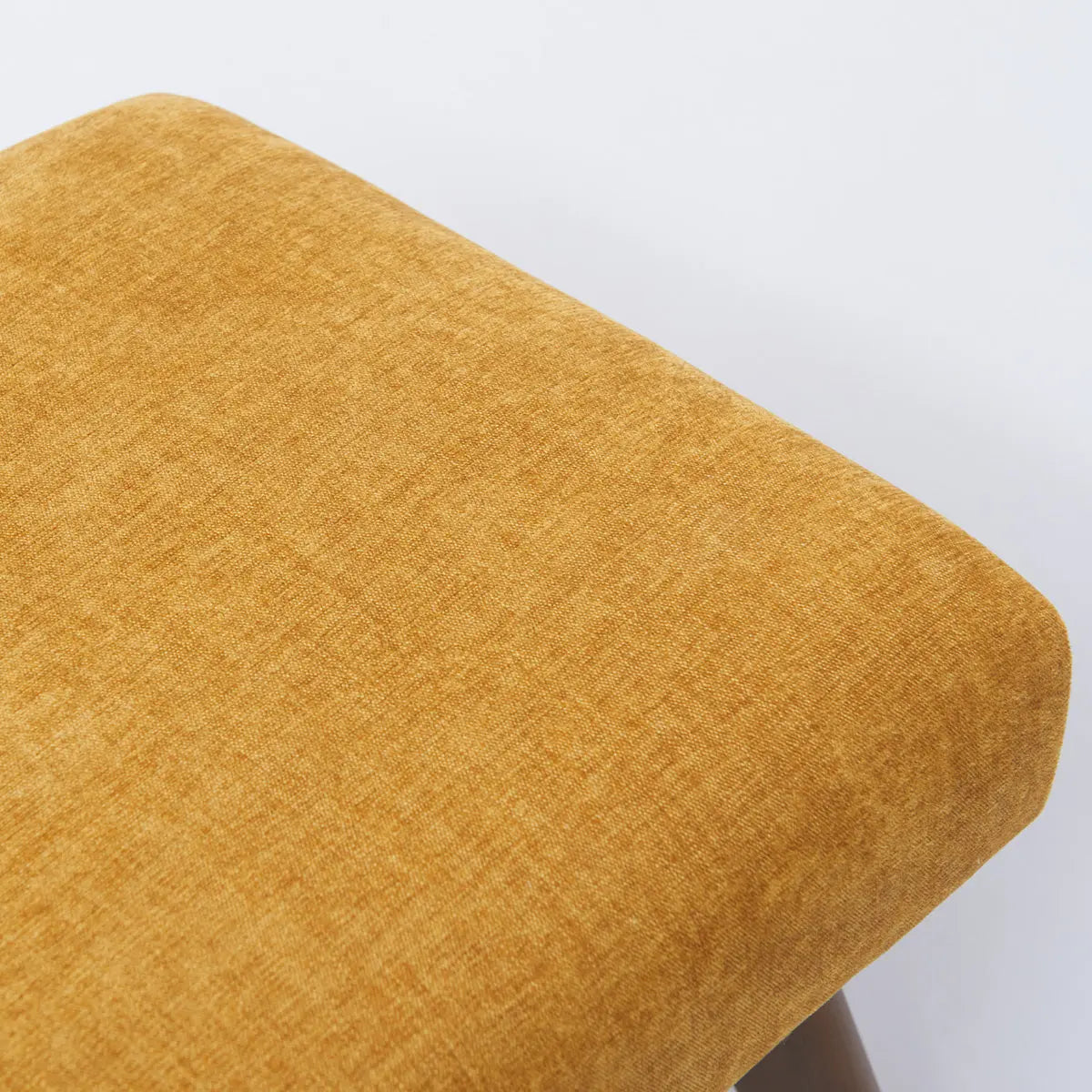 Morgan Mid-Century Upholstered Rectangular Bench, mustard fabric, close-up view, dimension details unavailable.