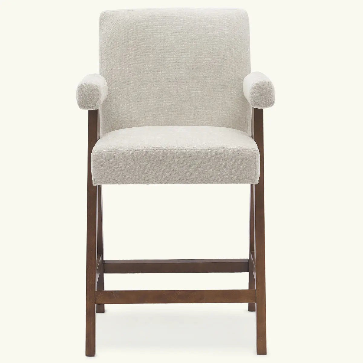 Morgan Mid Century Modern Upholstered Counter Stool with Arms, classic design, wooden frame, neutral fabric.