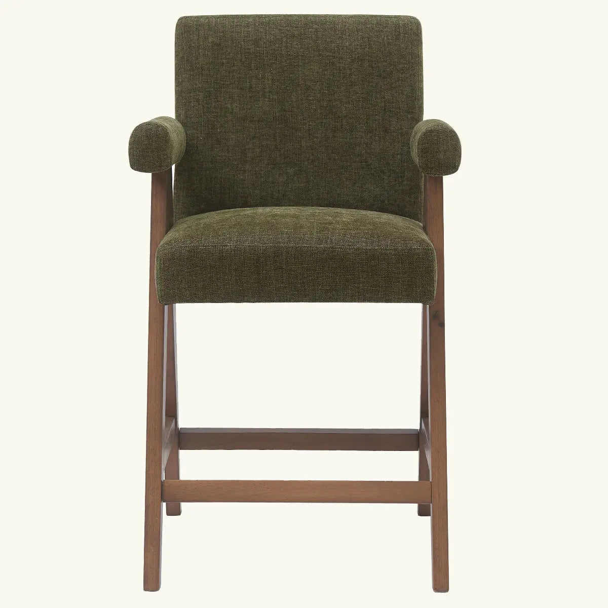 Morgan Mid Century Upholstered Counter Stool with Arms, green fabric, wooden legs, neutral background.