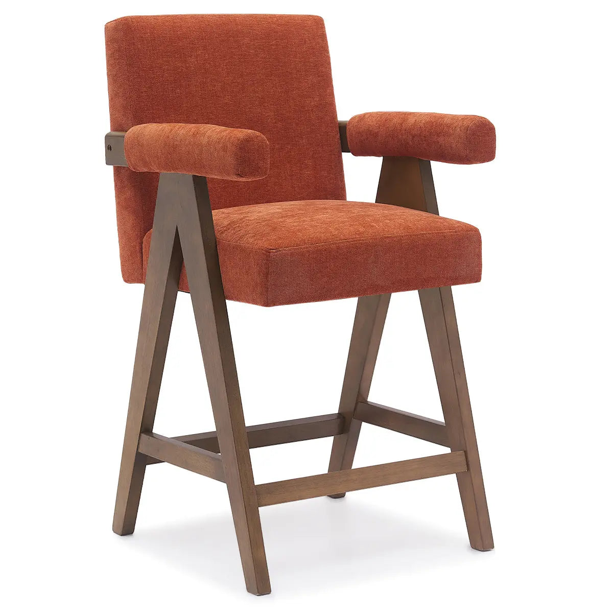 Morgan Mid Century Modern Upholstered Counter Stool, wooden legs, warm rust fabric, home decor.